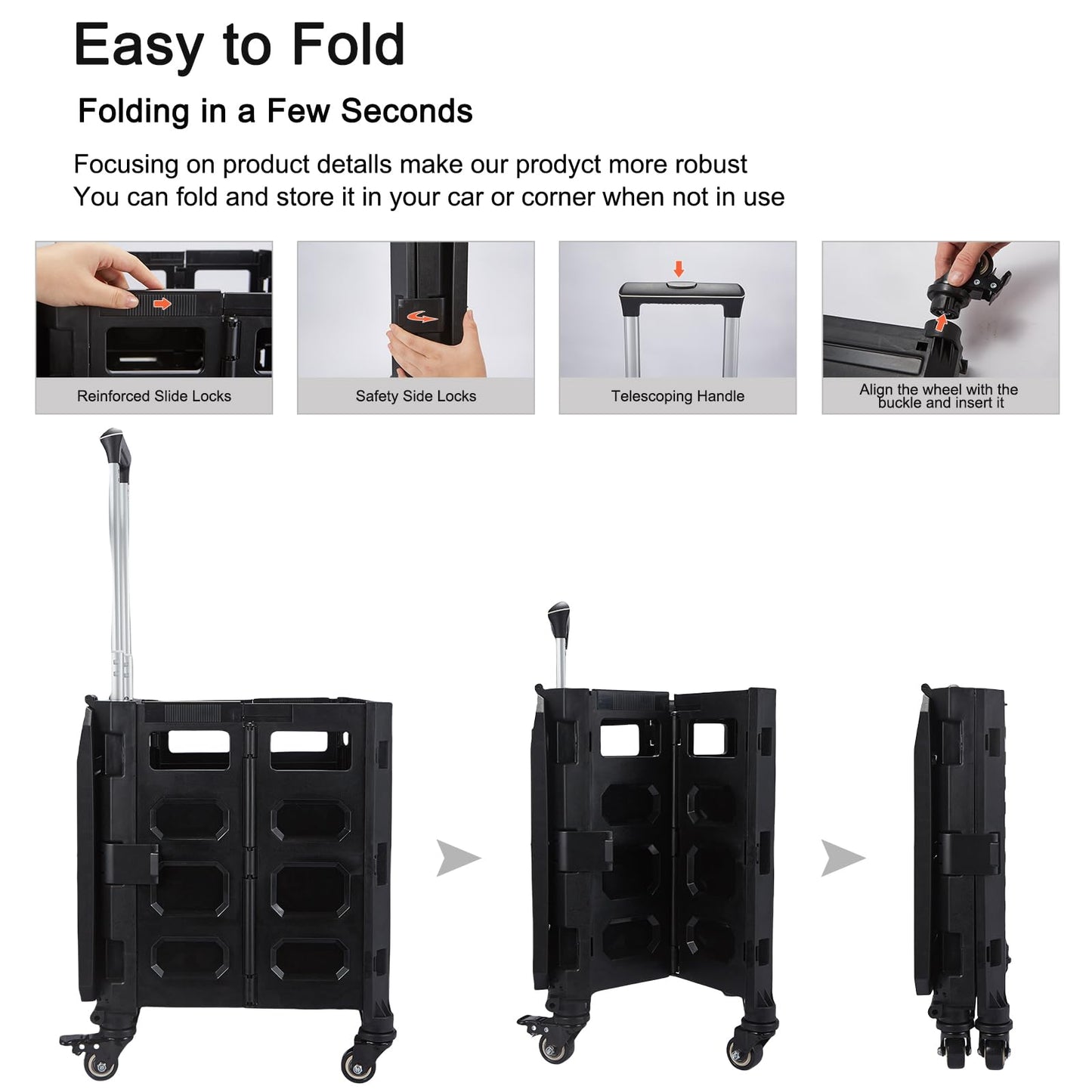 Foldable Utility Cart Folding Portable 360°Rolling Wheels Handcart with Durable Heavy Duty Plastic Telescoping Handle Collapsible 4 Rotate Wheels for Travel Shopping Moving Luggage Office Use.