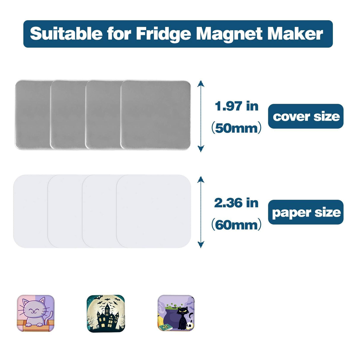 100 Sets Square Button Parts，Fridge Magnet Button Maker Supplies for Square-Shaped Button Maker Machine 50mm，Including Metal Cover, Plastic Back Cover, Clear Film, Blank Paper, Soft Magnet