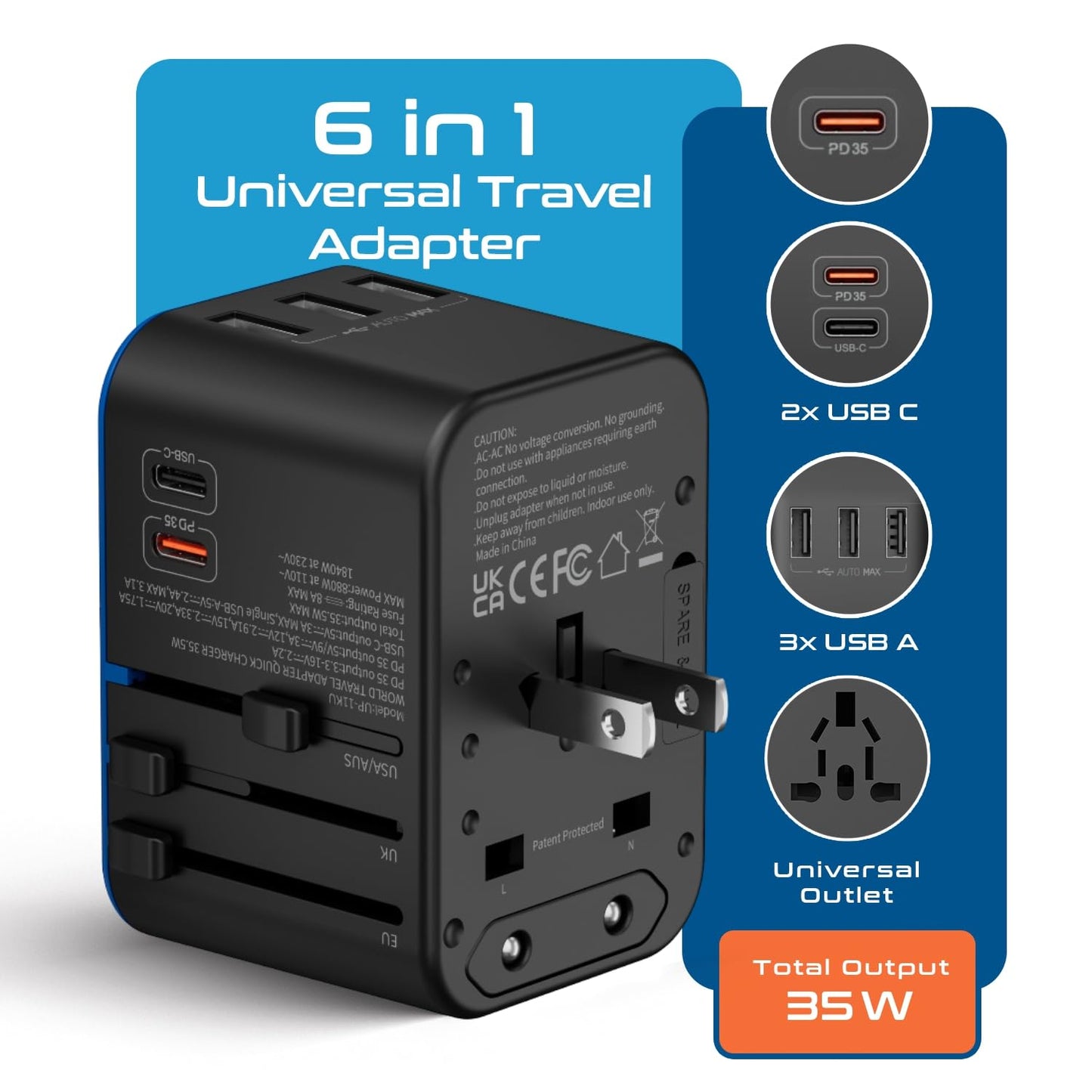 Ceptics World International Travel Plug Adapter - Powerful 35W with Pd & QC 3.0 Dual USB-C Power - 3 USB Ports Wall Charger Type I C G A Outlets 110V 220V A/C - EU Euro US UK
