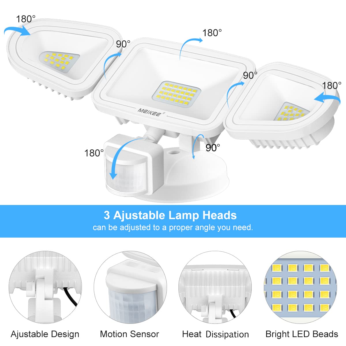 Motion Sensor Light Outdoor, MEIKEE 42W 3600LM LED Security Flood Lights, IP65 Waterproof 6500K, 3 Adjustable Heads Motion Detected Outdoor Lighting for Garage, Yard, Patio, Pathway