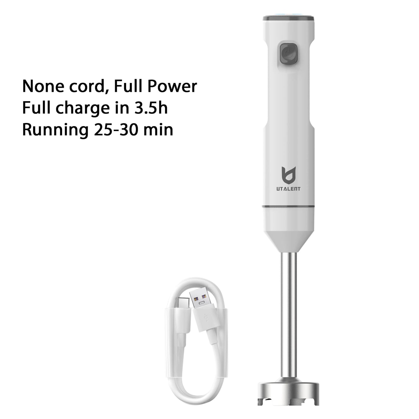 Cordless Hand Blender, UTALENT Variable Speed Immersion Blender handheld Rechargeable, with USB-C Charging Cable, Egg Whisk, for Smoothies, Milkshakes, Hummus and Soups – White