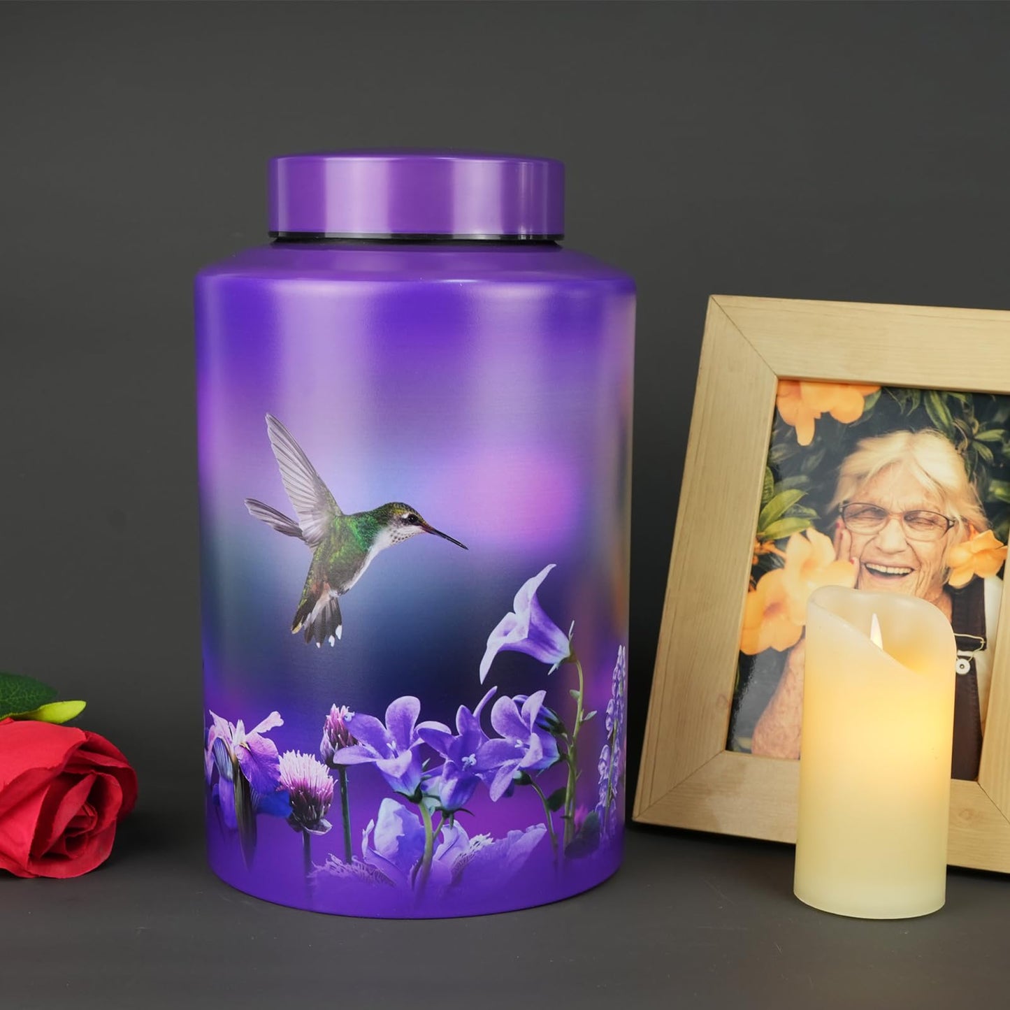 Large Cremation Urns for Adult Male Female Ashes, Up to 220 lbs Decorative Funeral Purple Keepsake Memorial Urn for Human Women Man Dad Mom Ashes with Velvet Bag(Hummingbird)