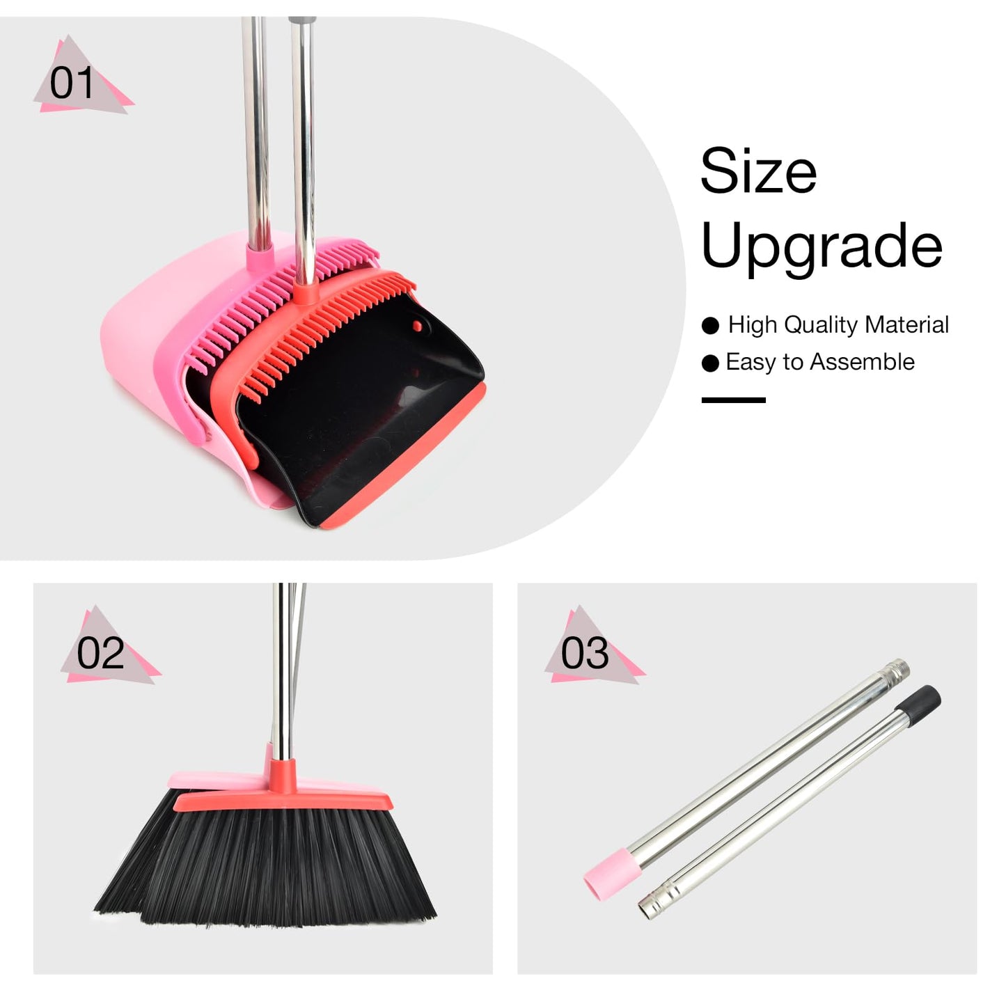 XXFLOWER Broom and Dustpan Set, Dustpans with Broom Combo with Long Handle Adjustable Length for Home, Kitchen,Office,Indoor(Pink)