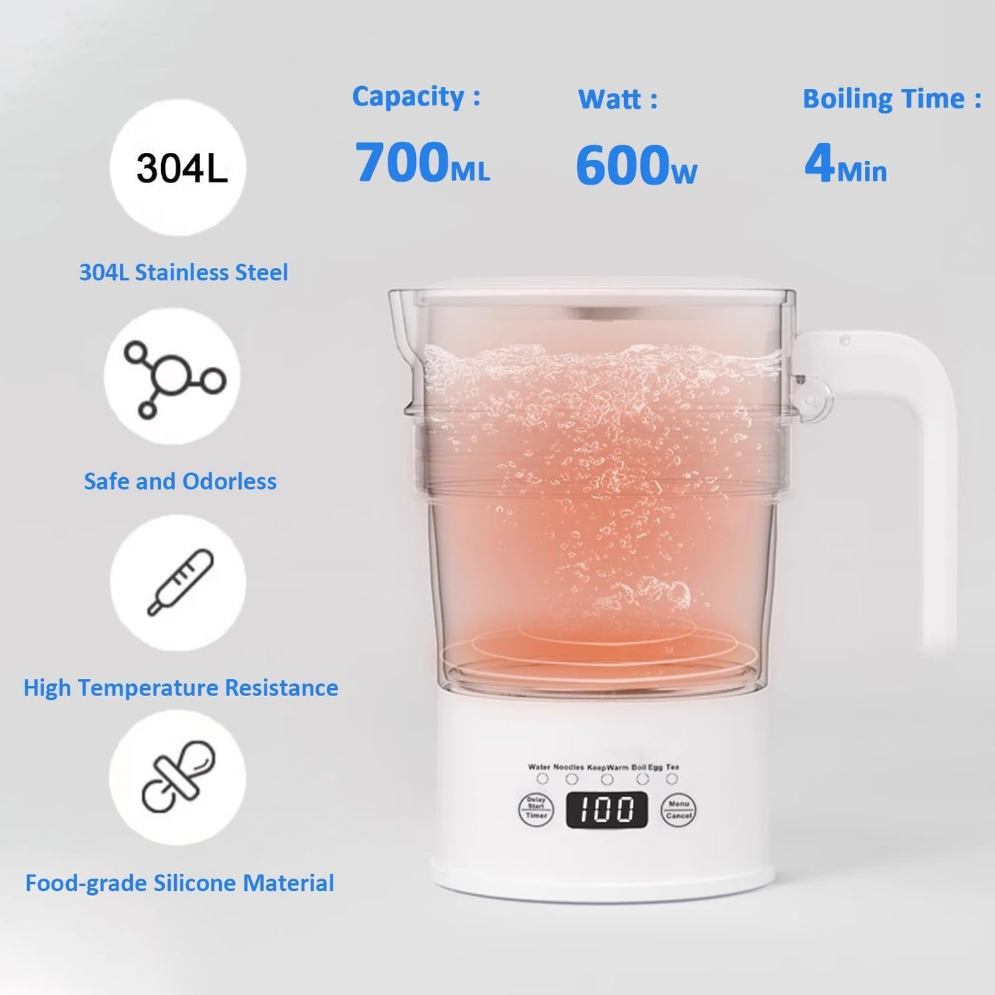 Foldable Travel Electric Kettle, 0.7L Small Portable Camping Hot Water Kettle with Temperature Control & LED Display, Collapsible Silicone Boiler for Outdoor Business Trip, 600W
