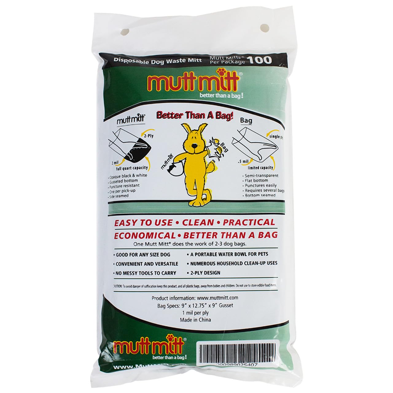 Mutt Mitt® 100 White & Black 2-Ply Dog Waste Bags on 1 Dog Waste Bag Station Header - 300% Thicker than mini roll dog waste bags - no more warm & yuck feeling