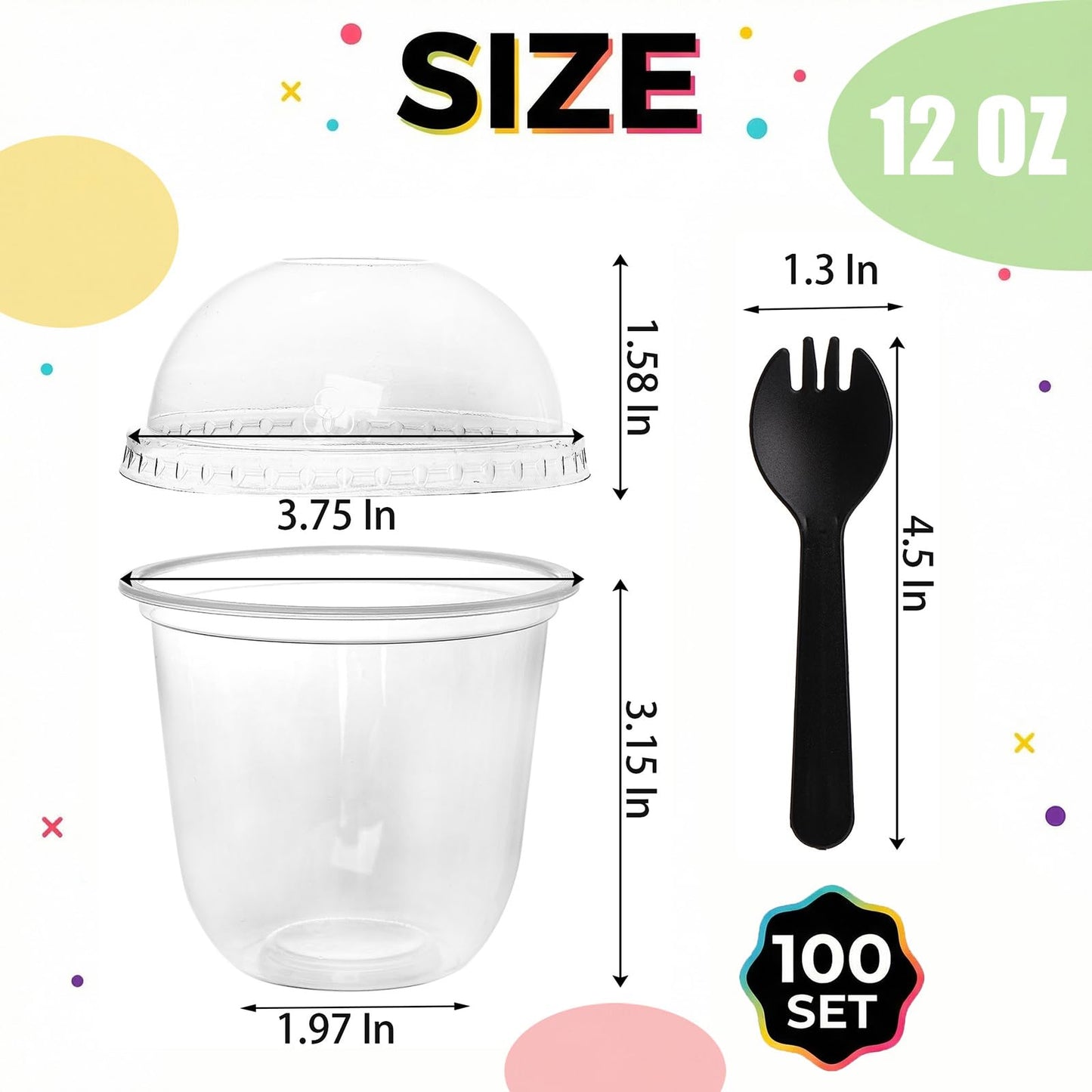 Nicunom 100 Pack 12 oz Clear Dessert Cups with Dome Lids (No Hole) & Sporks, Plastic Parfait Cups, No Leaking Disposable Party Cups with Lids for Ice Cream Fruit Cake Snacks Yogurt Cold Drinks
