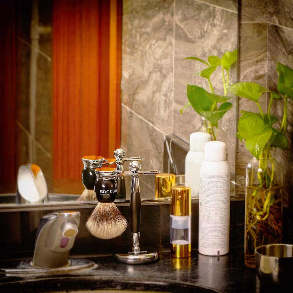 Anbbas Shaving Brush and Stand,Silvertip Badger Hair Brush Black Resin Alloy Handle with Stainless Steel Shaving Stand for Double Edge Safety Razor Straight Razor for Men