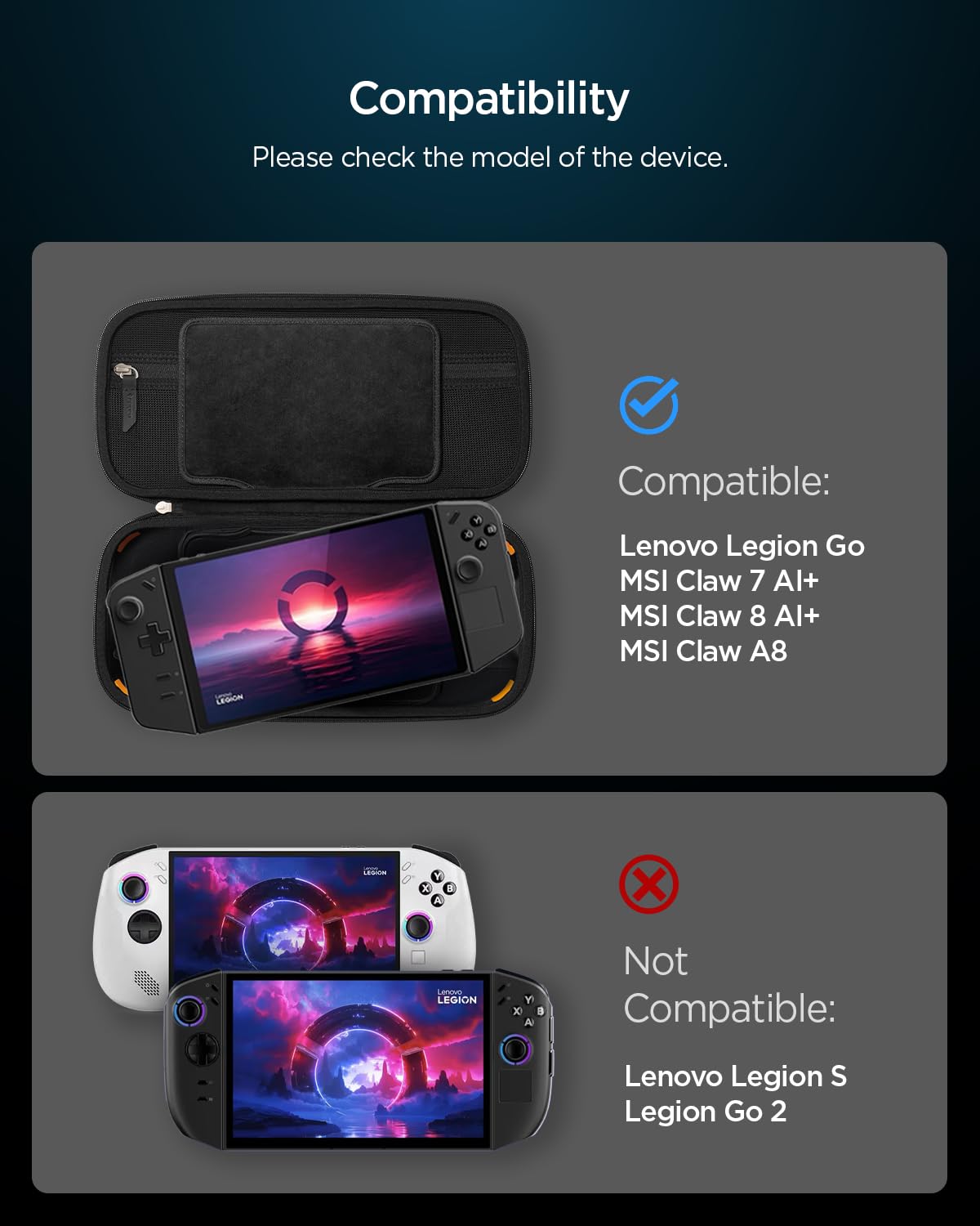 Spigen Rugged Armor Pro Designed for Lenovo Legion Go, MSI Claw 7 AI+ 8 AI+ & A8 Hard Shell Travel Carrying Case with Pockets for Accessories and Original Charger Storage Bag Case - Black
