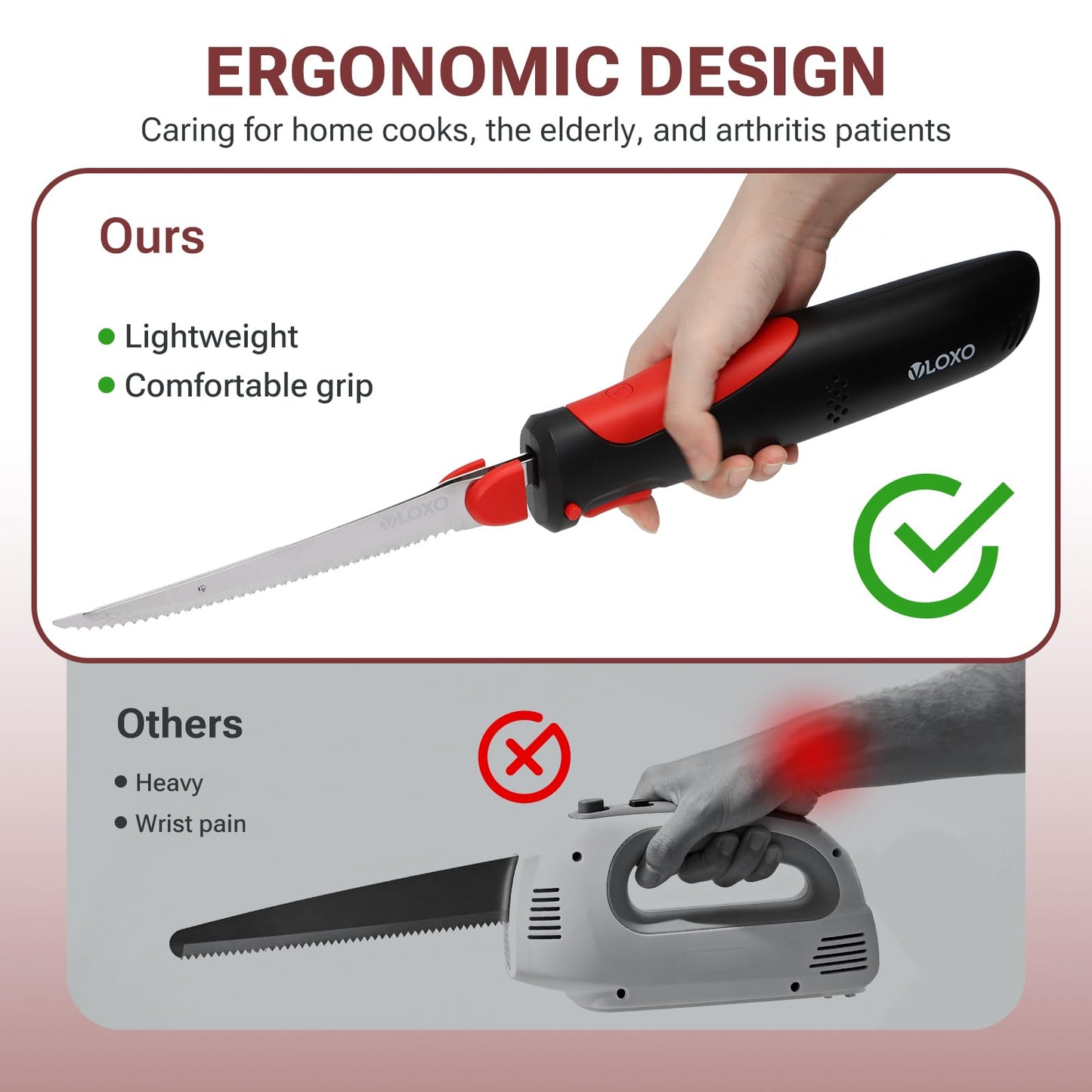 VLOXO Cordless Electric Knife for Bread and Meat Slicing, Rechargeable Electric Carving Knife with Safety Lock & 2 Reciprocating Blades, Ergonomic Anti-Slip Meat Cutter for Turkey, Fish Fillet, Steak