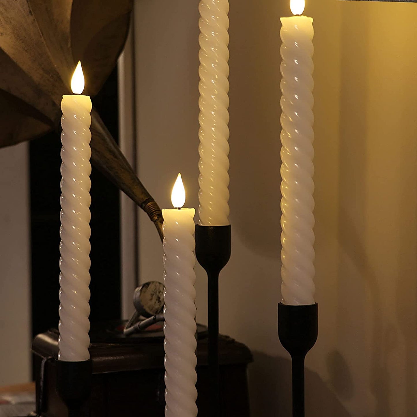 Rhytsing 10" White Flameless Twist Taper Candles with Timer, Battery Operated Spiral Taper Candles, Warm White Light, Remote & Batteries Included - Set of 4