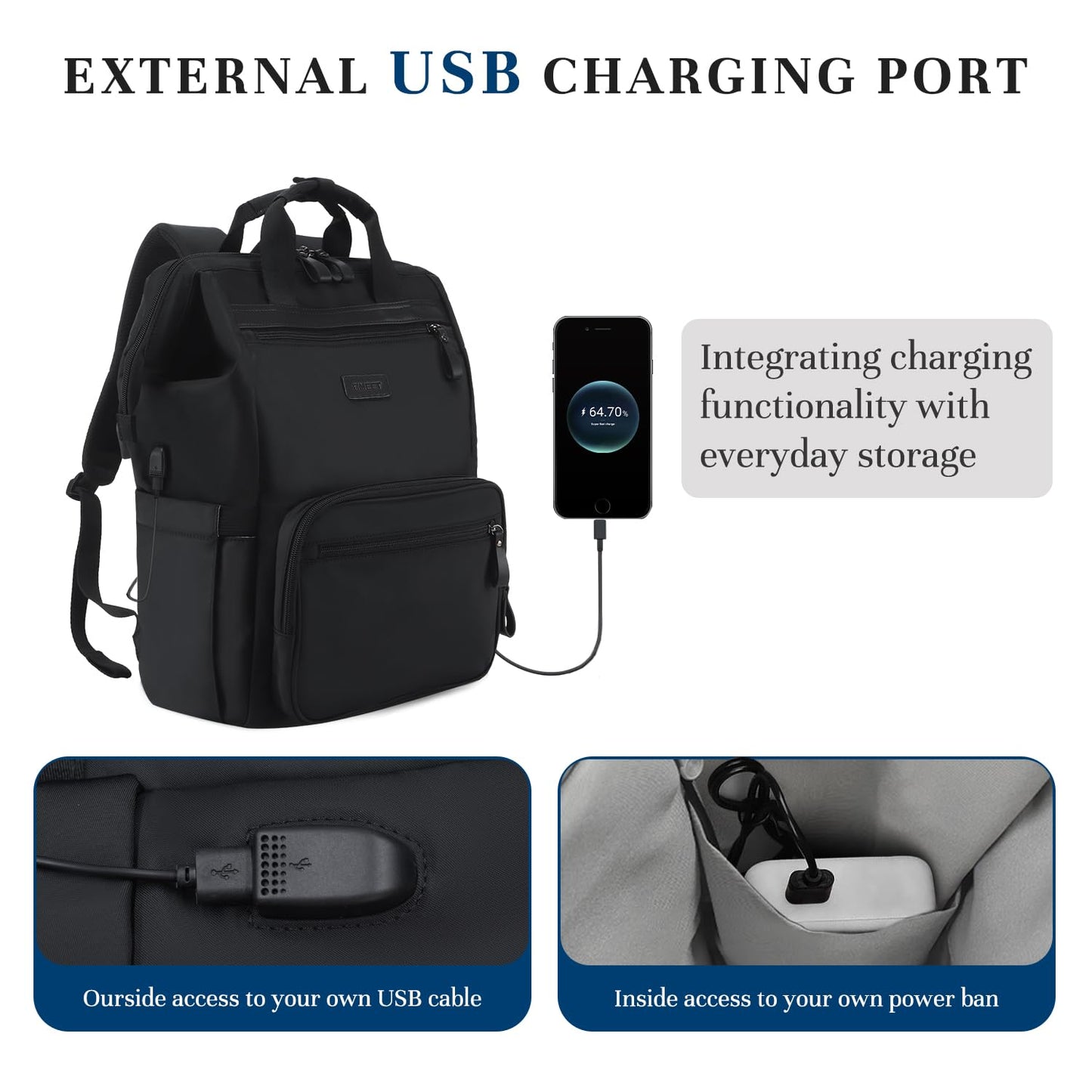 Timeet Laptop Backpack for Women Men, 17 Inch Travel Backpack with USB Charging Port, Water Resistant & Anti-theft for Work College Business, Multifunctional Carry on Backpack, Mousse Black
