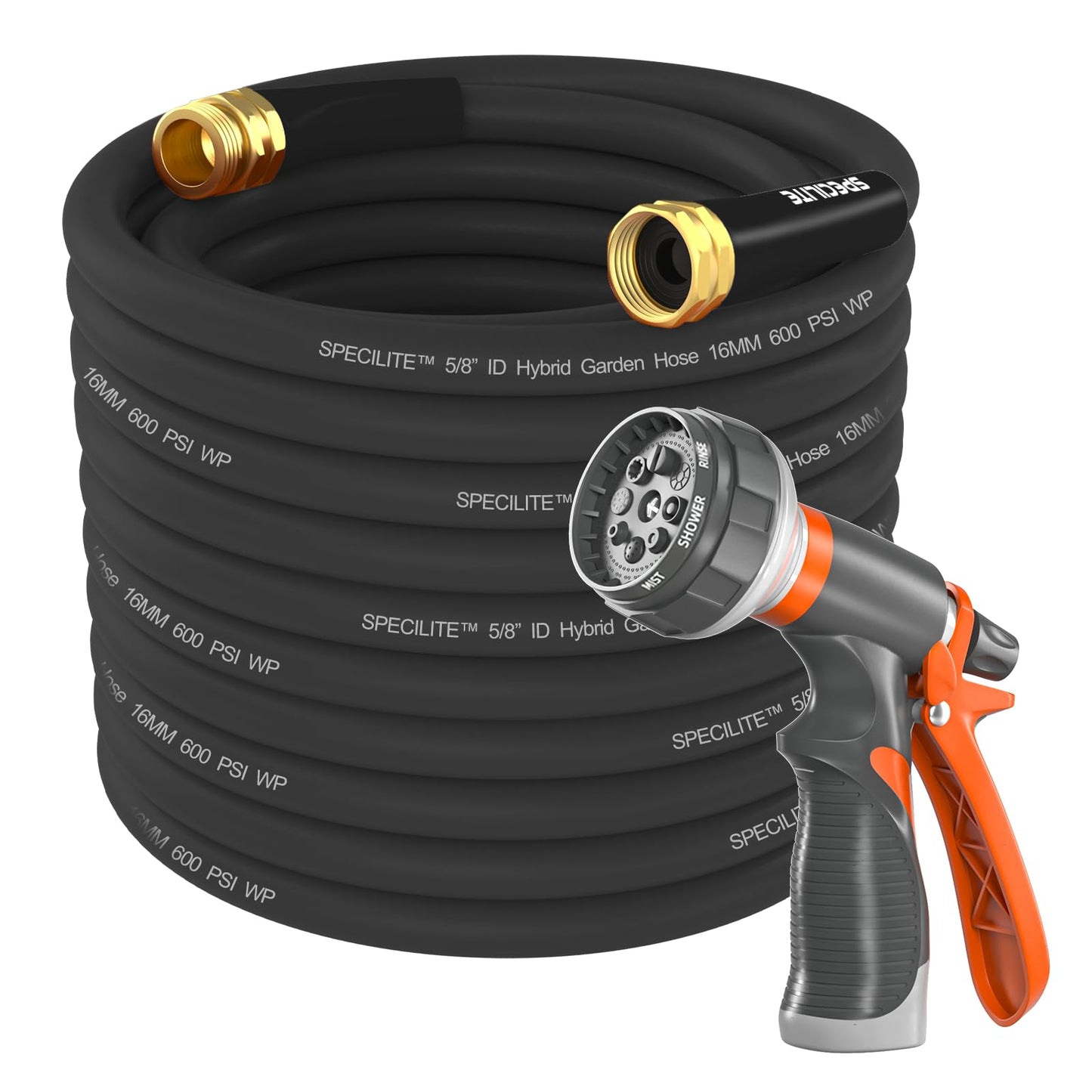 SPECILITE Garden Hose 50 ft x 5/8 in Heavy Duty, Flexible and Lightweight, Burst 600 psi, Kink-Less Hybrid Rubber Pipe for Backyard, 3/4'' Brass Fittings, Black