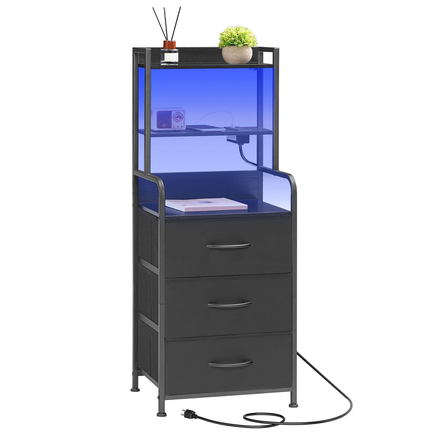 HOOBRO Tall Nightstand with Charging Station and LED Lights, Multifunctional Bedside Table with 3 Drawers and Open Shelves, USB-A, Type-C, 2 AC Outlets, Modern End Table for Bedroom, Black BB206UDBZ01
