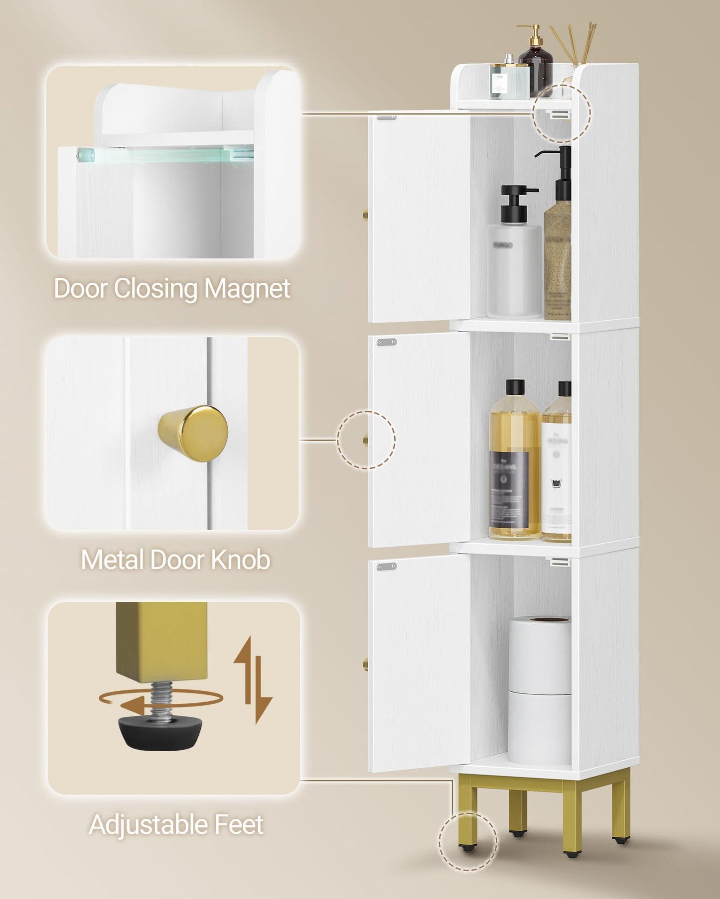 Hzuaneri Slim Bathroom Storage Cabinet, Narrow Bathroom Organizers and Storage with 4 Adjustable Feet, Laundry Room Organization for Small Space, Kitchen, Living Room, 3 Doors White BC22313G