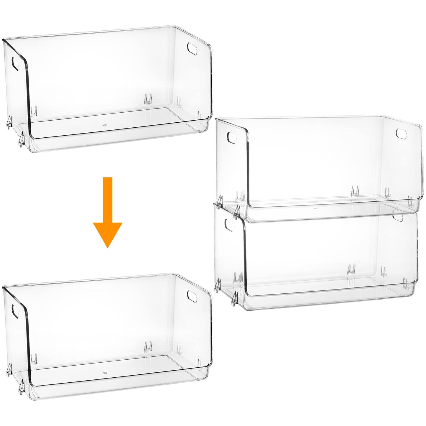 Nicunom 2 Pack Stackable Plastic Storage Bins Open Front, Clear Pantry Organizer Bin Household Food Storage Bin for Kitchen Countertops Cabinet Shelf Fridge