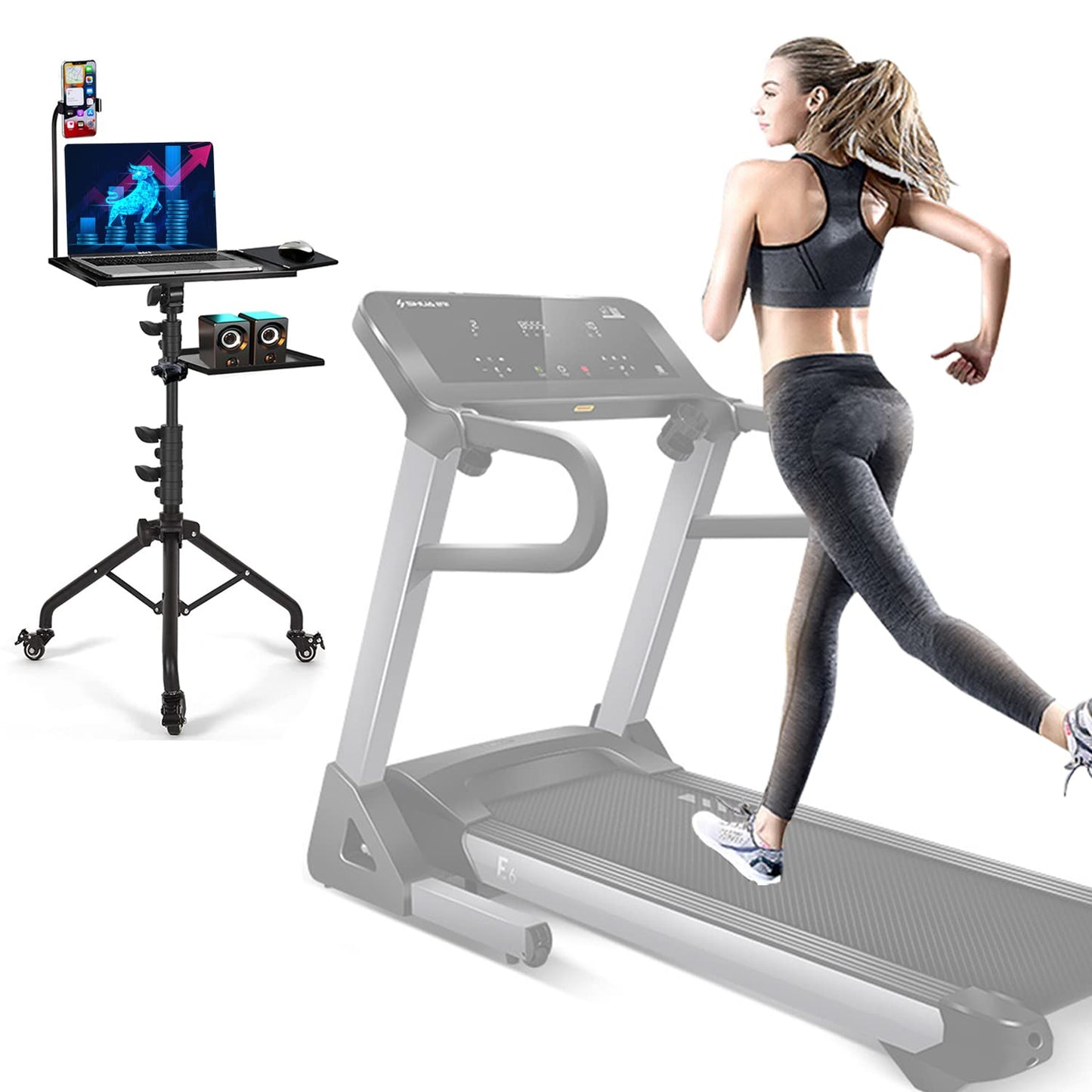 Asltoy Projector Tripod Stand with Wheels Adjustable Height Laptop Tripod Stand Treadmill Laptop Stand with 2 Shelves Mouse Tray Phone Holder Projector Tripod Music Stand Office Home Portable Laptop Floor Stand