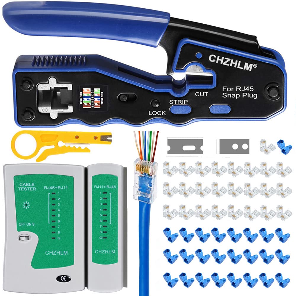 CHZHLM RJ45 Crimping Tool Kit Pass Through Crimper Stripper Cutter All-in-One for Cat5 Cat6 Pass Through Connector with Cable Tester 50Pcs Connectors 50Pcs Covers Mini Stripper and Blades