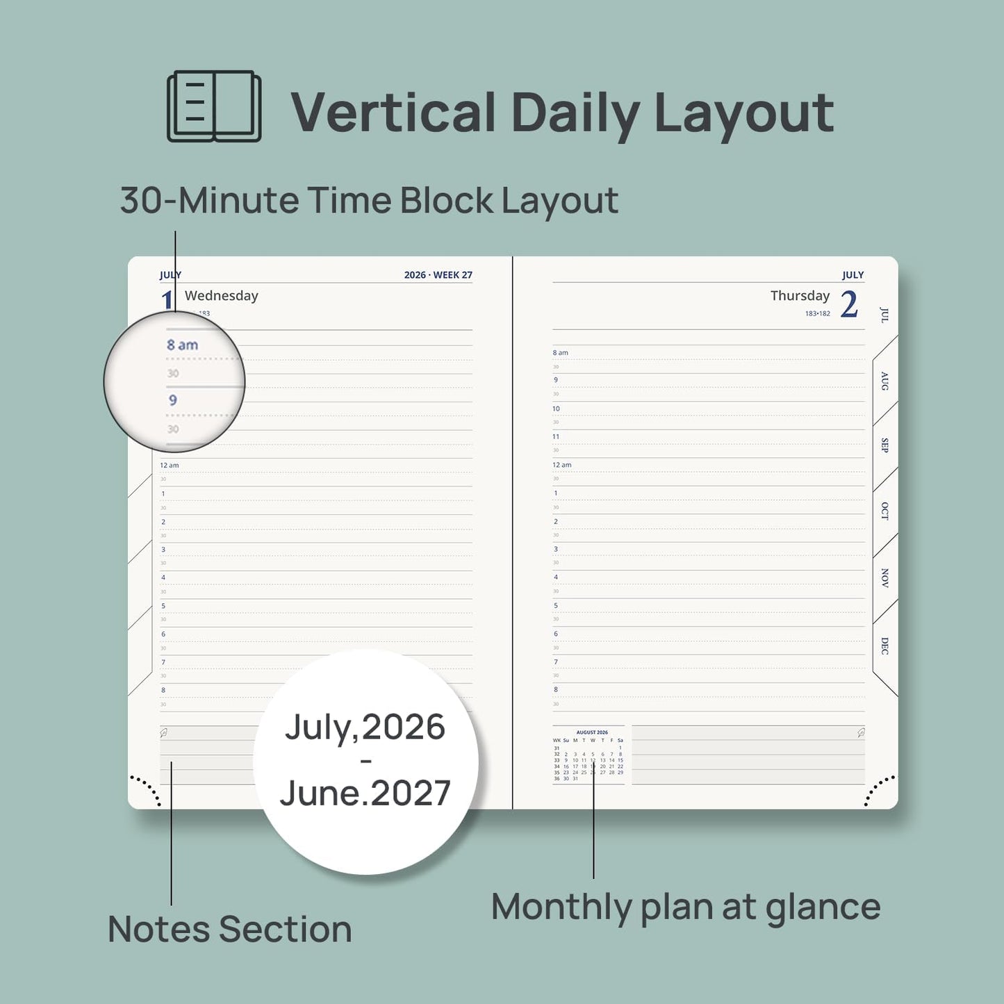 POPRUN Daily Planner 2026-2027 One Page per Day, (A5 Size 5.7" x 8.5") Academic Planner (July 2026 - June 2027) Hourly Appointment Book with Vegan Leather Hardcover, Monthly Tabs & Inner-pocket - Purple