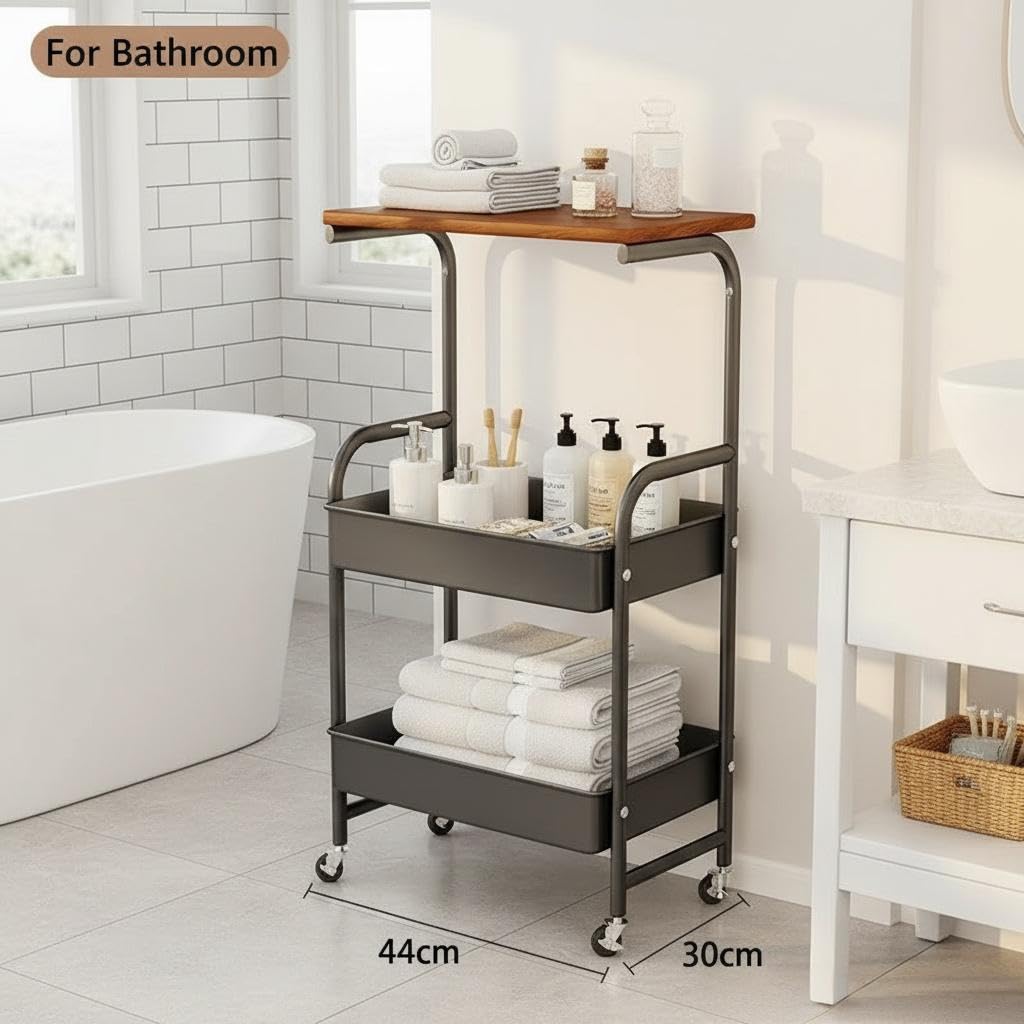 3 Tier Metal Rolling Utility Cart Functional Kitchen Storage Trolley with Wheels Wooden Tabletop Mesh Baskets Organizer for Office Room Bathroom Garage Narrow Cart for Christmas (Black)