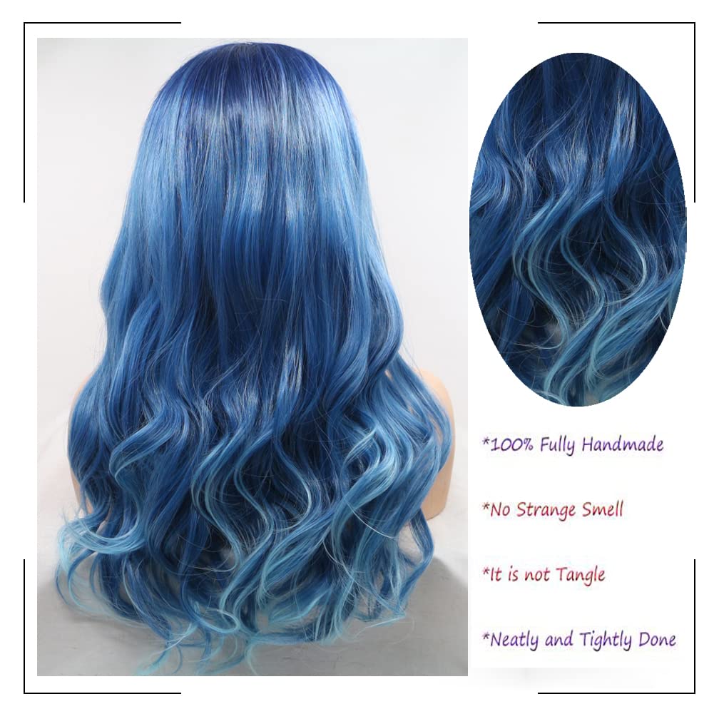Angle Lucky Ombre Blue Wig for Women Long Curly Wavy Blue Omber Highlight White Free Part Wig Synthetic Pre plucked Lace Front Wig Heat Resistant Cosplay Halloween Mermaid Wigs 24 Inch