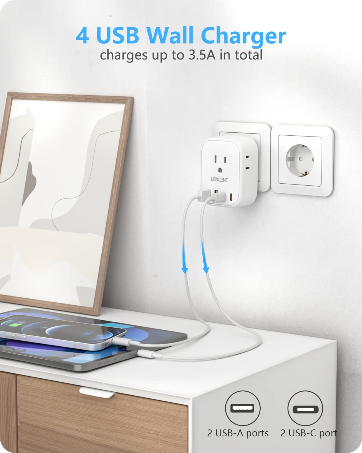 2 Pack European Travel Plug Adapter, LENCENT International Type-C Foldable Power Plug with 4 Outlets, USB C Charger Adaptor, Canada/US to Most of Europe EU Iceland Spain Italy France Germany Greece