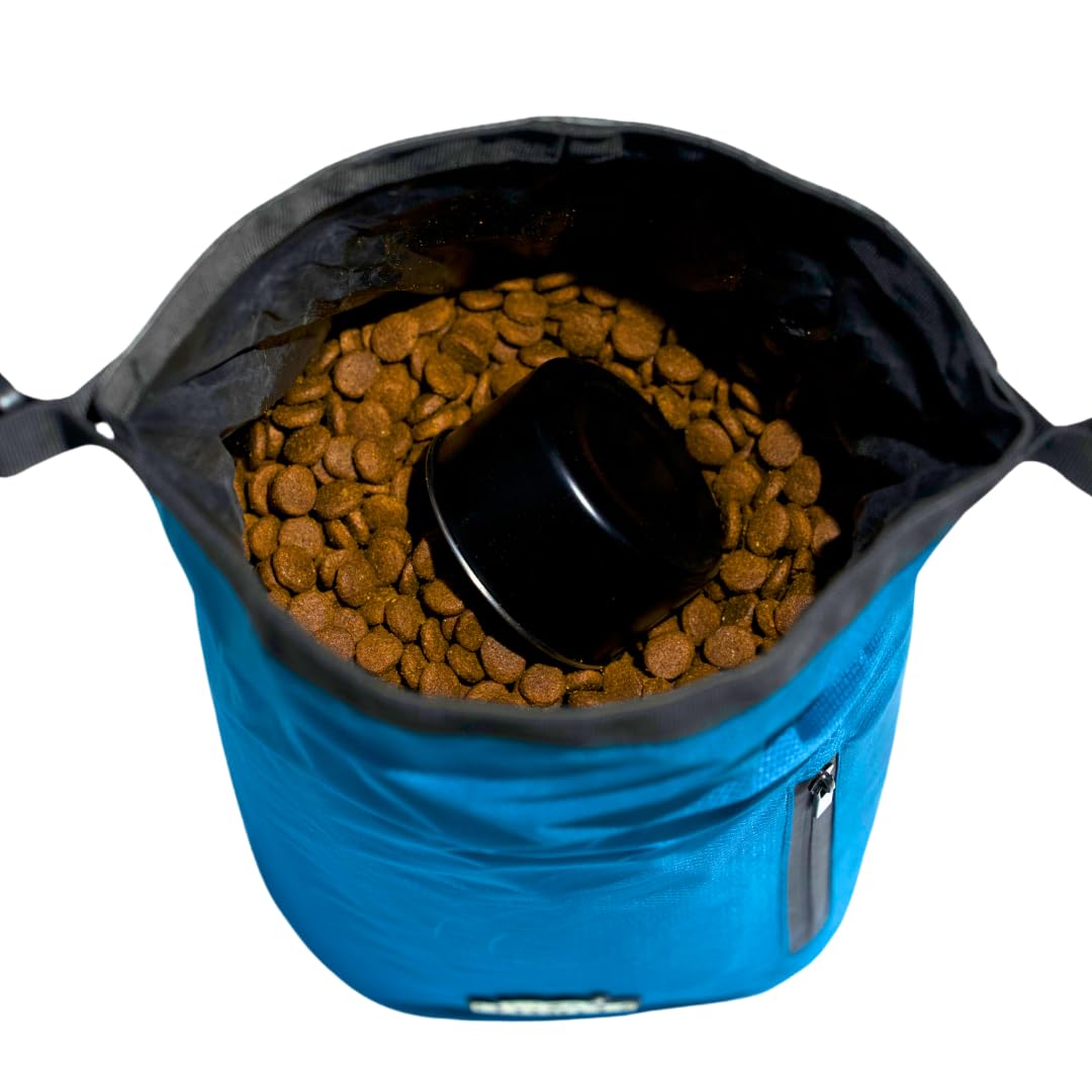 Callieco Dog Food Travel Bag w/ 1 Cup Scoop and Zipper Side Pocket | Waterproof Kibble Storage Container for Home, Road Trips, Camping, Boarding and More (Blue, 64 Cups)