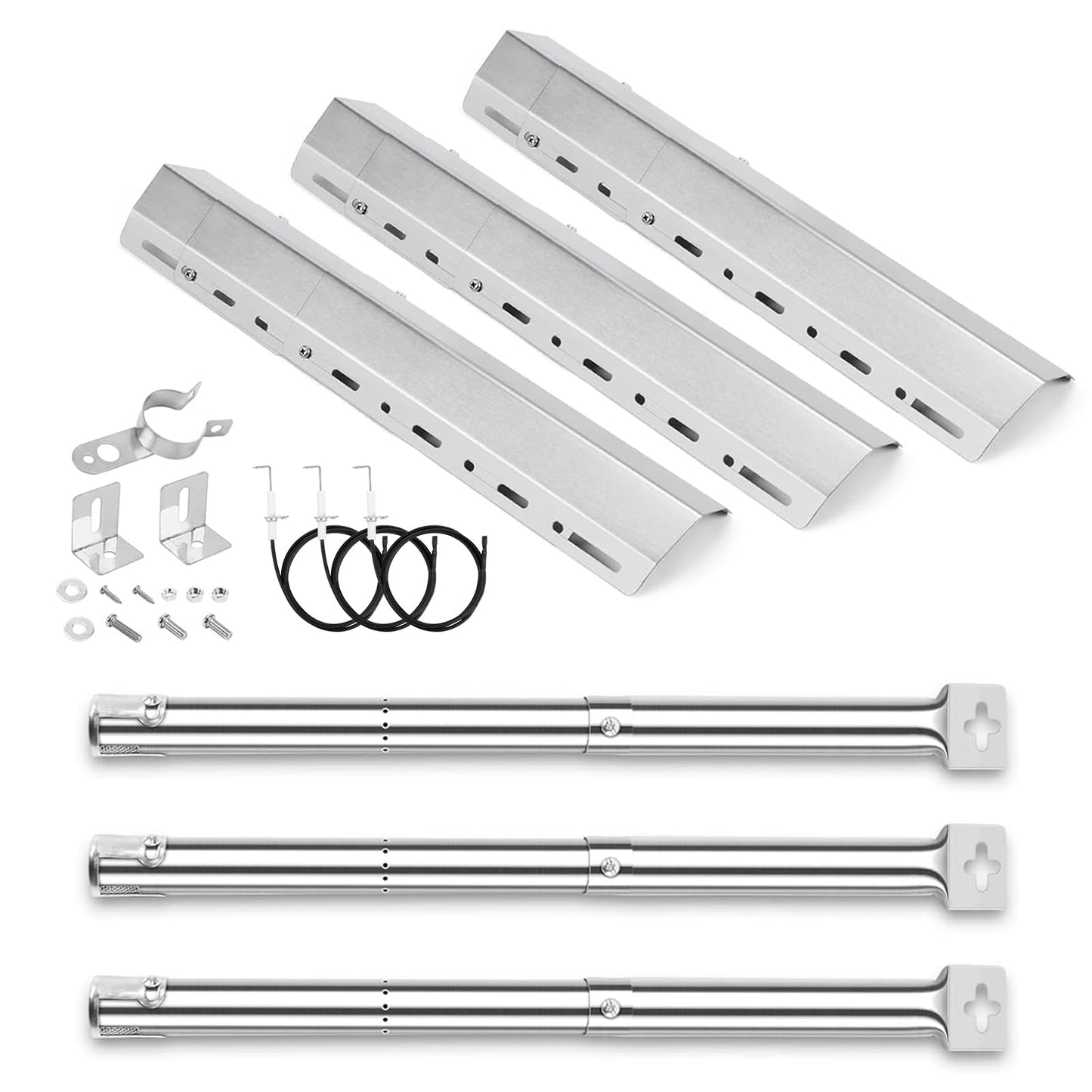 GFTIME 12" to 17" Universal Grill Burner Tube, 11.8" to 28" Heat Plate, Burner Cover for Charbroil, FirePlus, Fire Mountain, CosmoGrill, Campingaz Gas Grill, Stainless Steel BBQ Replacement Parts