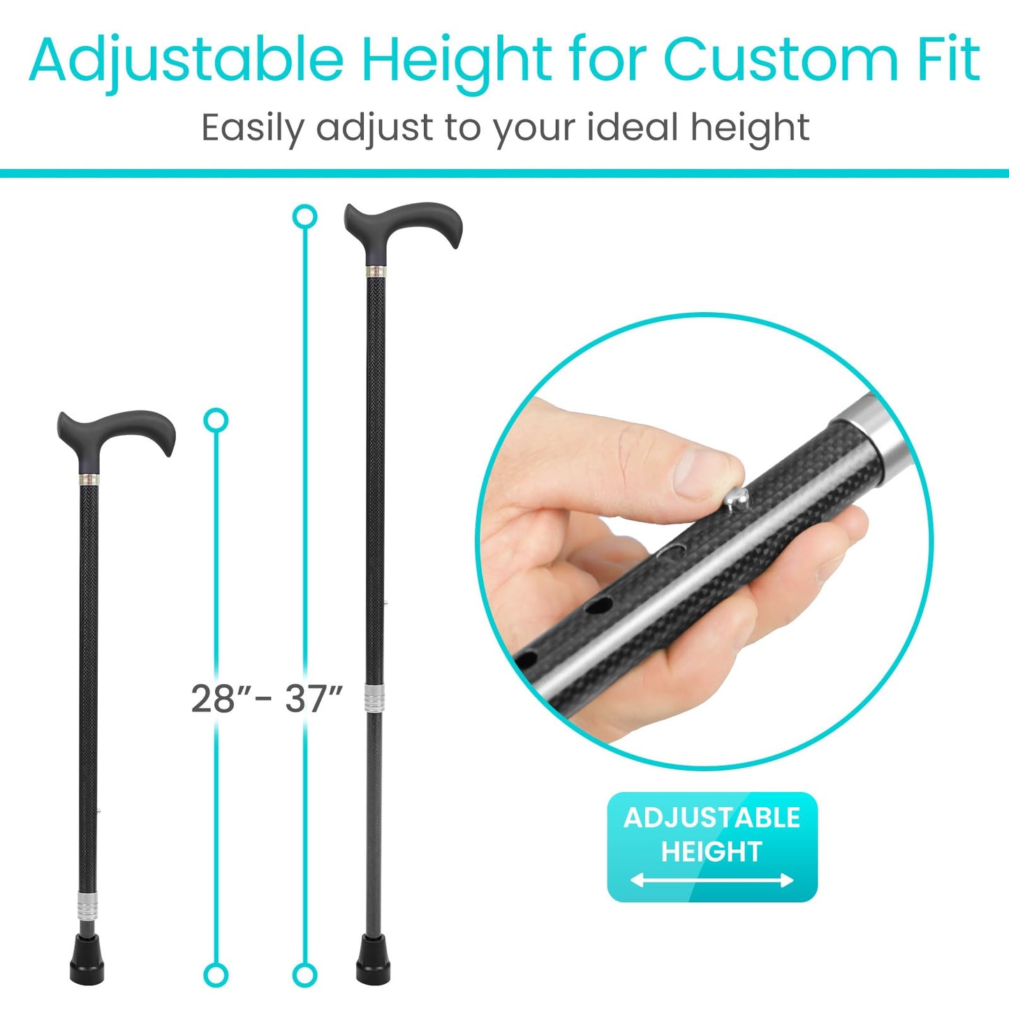 Vive Adjustable Walking Cane, Carbon Fiber - Lightweight Stick for Men, Women - Mobility Aid, Adjust Height, Rubber Tip-Portable Hurry Support for Seniors, Elderly, Balance-Ultra Light, Soft Hand Grip