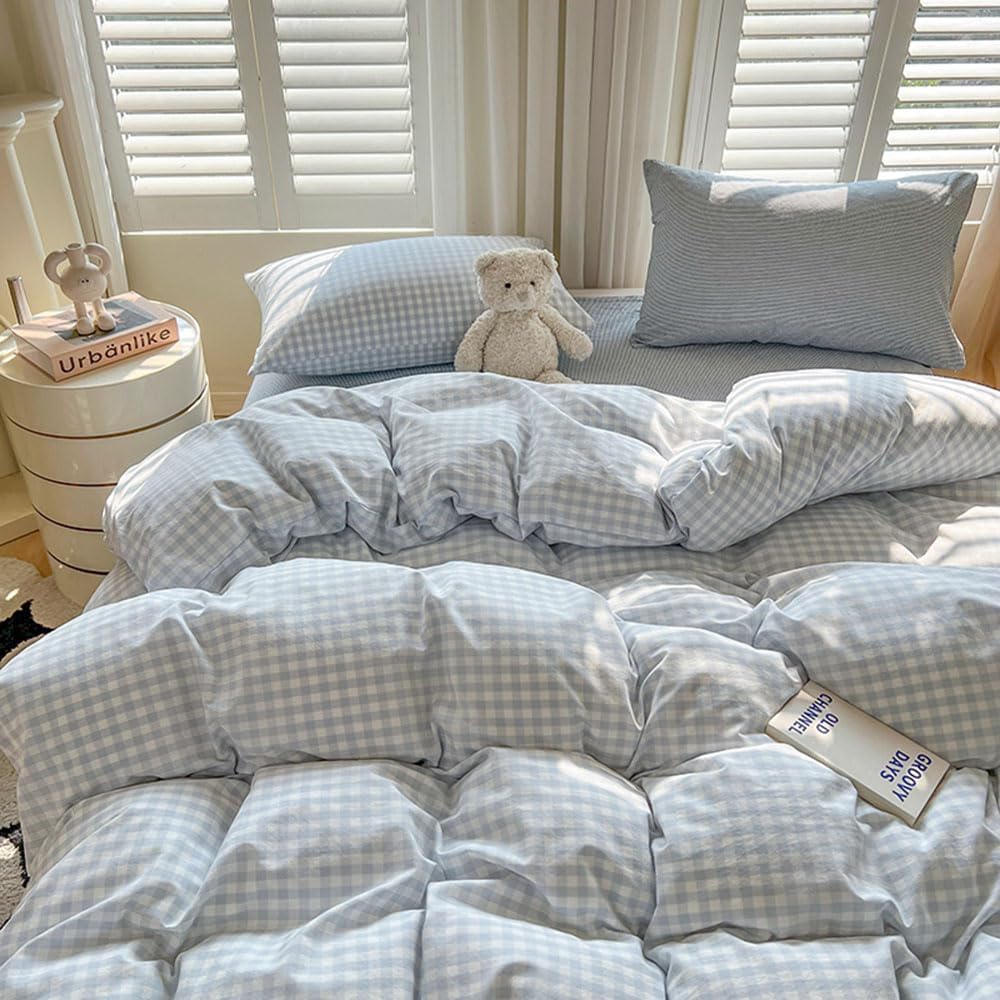 Nayoroom Blue Gingham Duvet Cover Queen Size Plaid Checkered Farmhouse Comforter Cover 3 Pcs Soft Breathable Washed Microfiber Grid Bedding Set with Pillow Shams