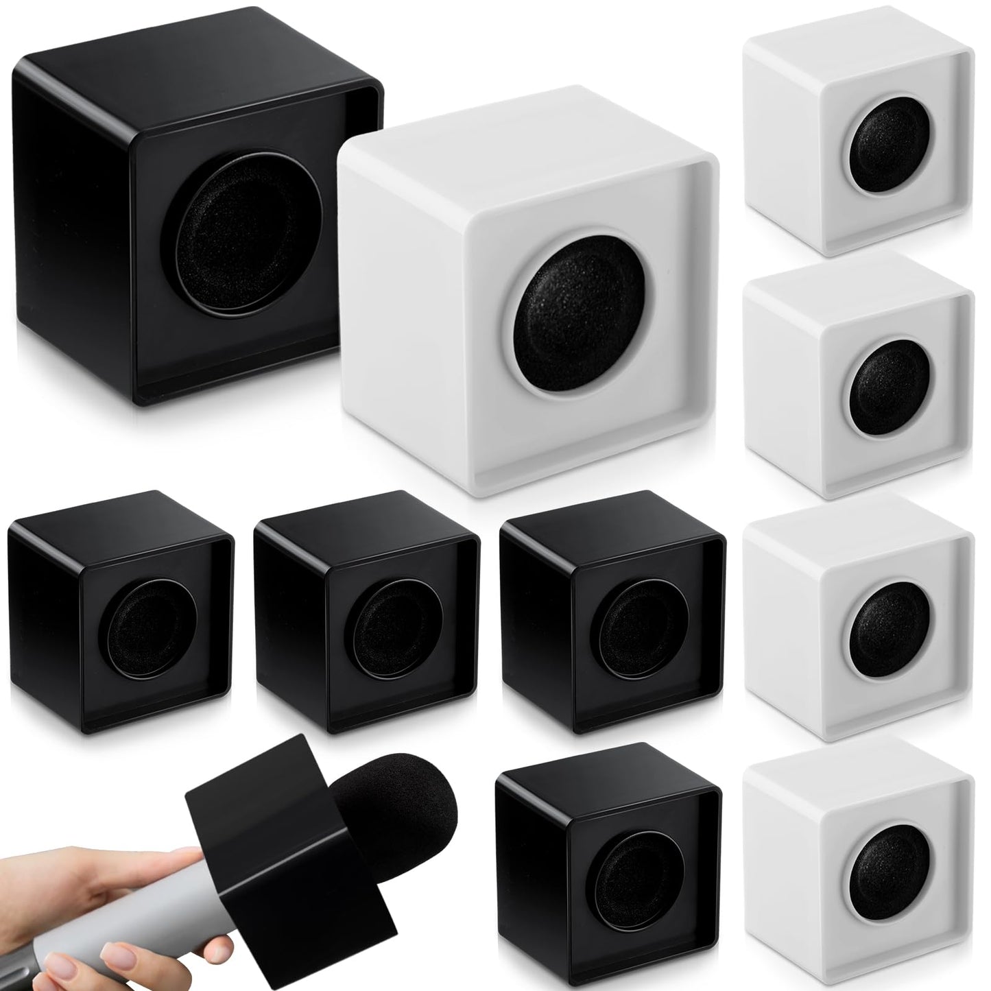 10 Pcs Microphone Flag Station Portable Square Cube ABS Foam Mic Flag Logo Studio Equipment Microphone Accessories for Reporter Host Interview (White, Black)