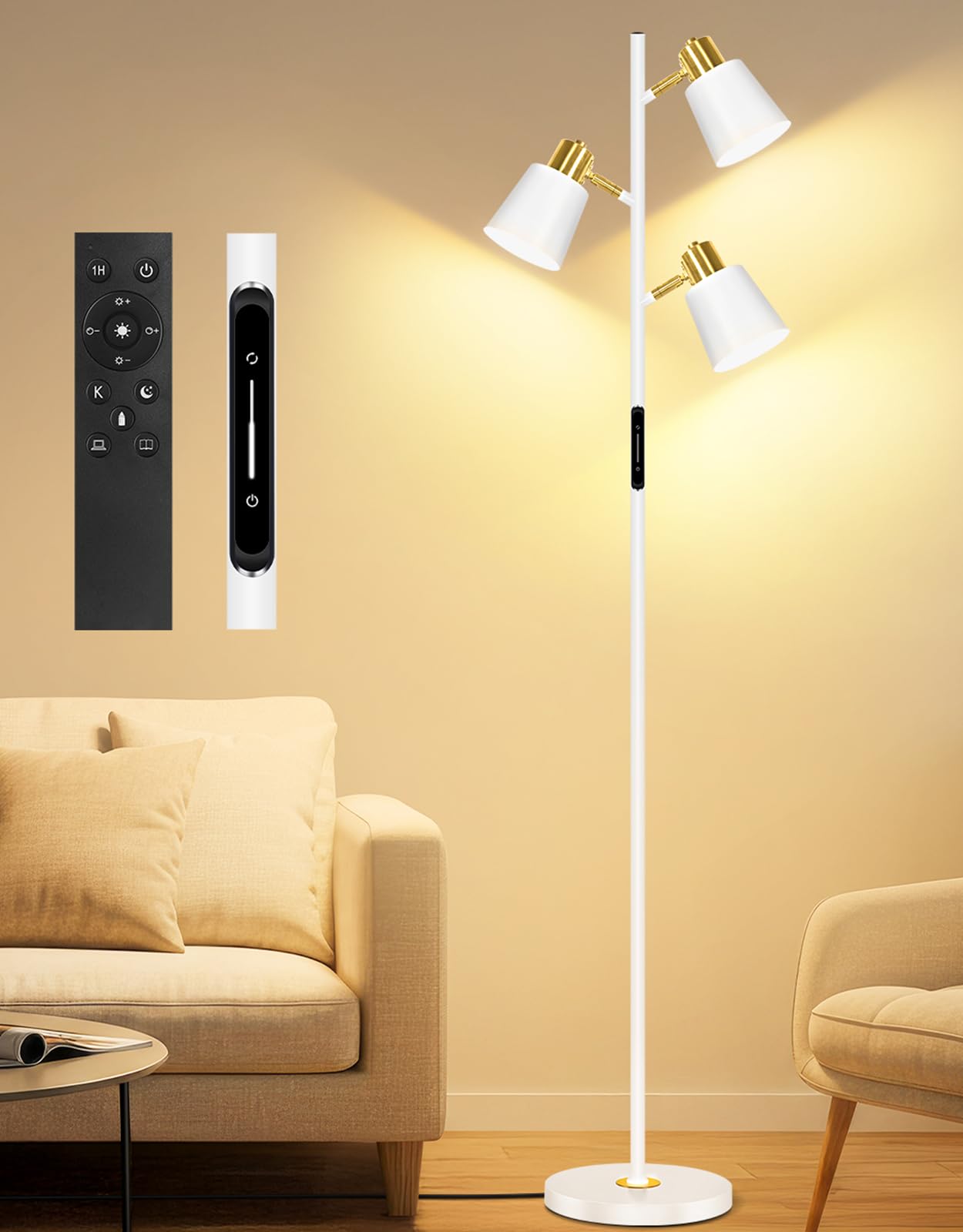 OUTON Tree Floor Lamp, LED Dimmable Floor Lamp with Remote And Touch Slide Control, 4 Color Temperatures, 3 Rotatable Lights, Modern Standing Lamp for Living Room Bedroom Office, Bulbs Included, White