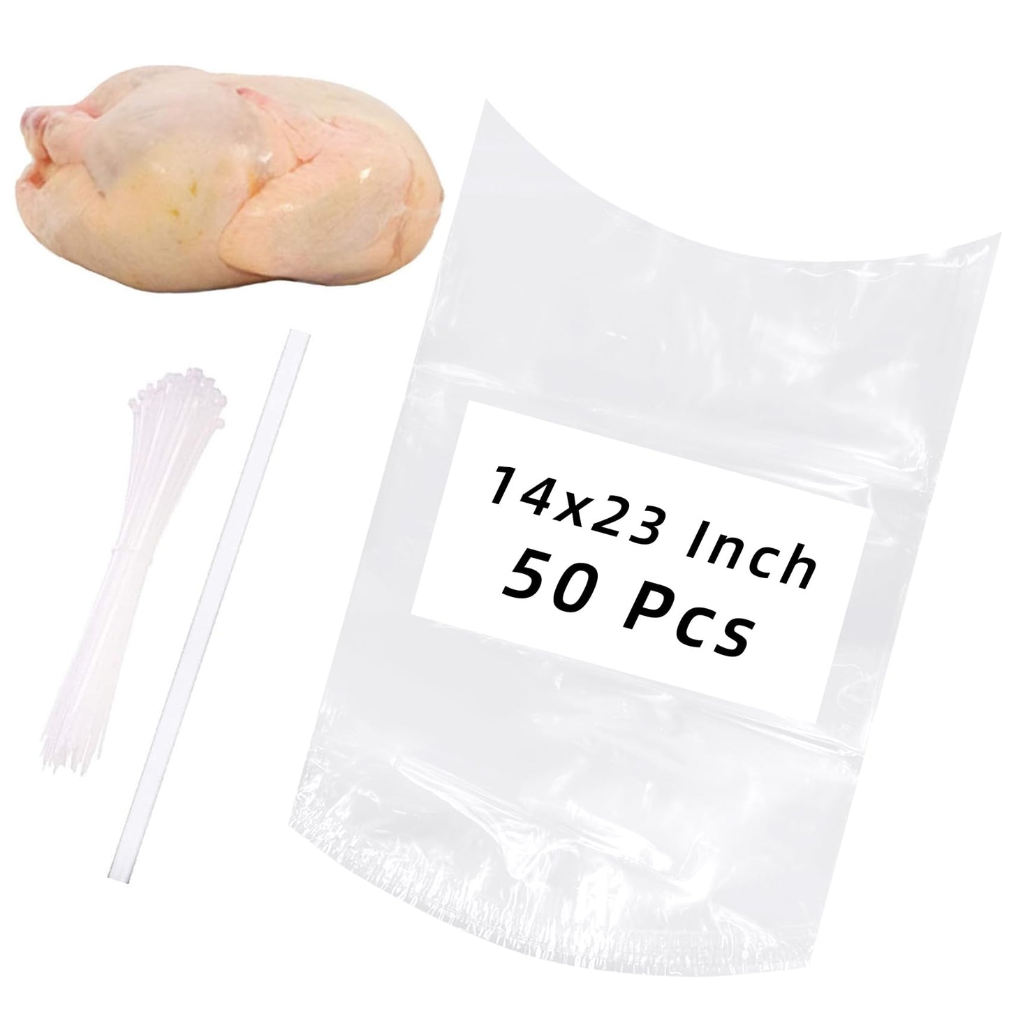 Turkey Shrink Bags,50 Pcs 14x23 Inches Clear Poultry Shrink Bags Freezer with 50 Zip Ties and a Silicone Straw for Chickens,Turkey,Rabbits