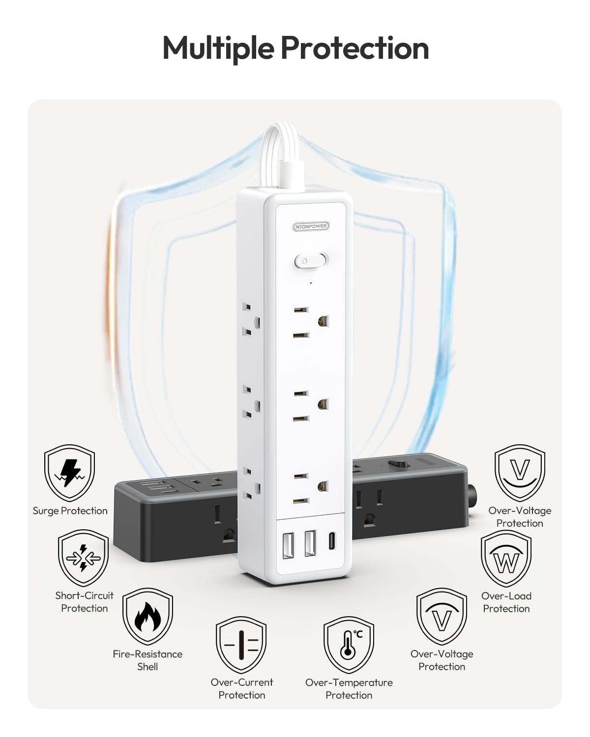 Flat Extension Cord 25 FT-NTONPOWER Surge Protector Power Bar with 9 Widely Outlets 3 USB (1 USB C), 1080J,Long Extension Cord with Multiple Outlets, 3 Side Extender, Mounted, for Home Office,White