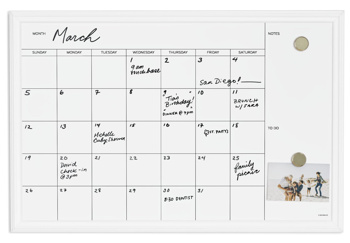 U Brands Magnetic Dry Erase Calendar Board, 30"x20", White Wood Style Frame, Includes Magnets