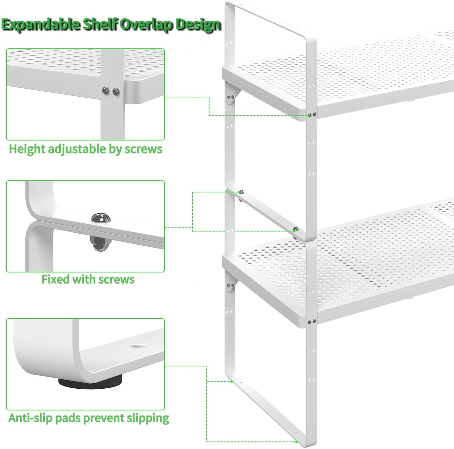 taiheis 16.5~27'' Expandable Cabinet Shelf,2Pcs Hole Pattern Stackable&Adjustable Cupboard Shelf,Spice Organizer for Kitchen Bathroom Utility Room, Generic Kitchen Organizers and Storage,White
