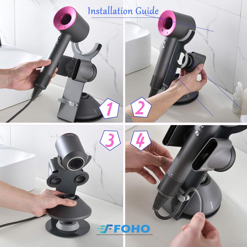 Hair Dryer Holder Compatible for Dyson Supersonic, Magnetic Stand Holder with Power Plug Cable Organizer, Aluminum Alloy Bracket, Bathroom Organizer Compatible for Dyson Supersonic Hair Dryer, Diffuser and Nozzles