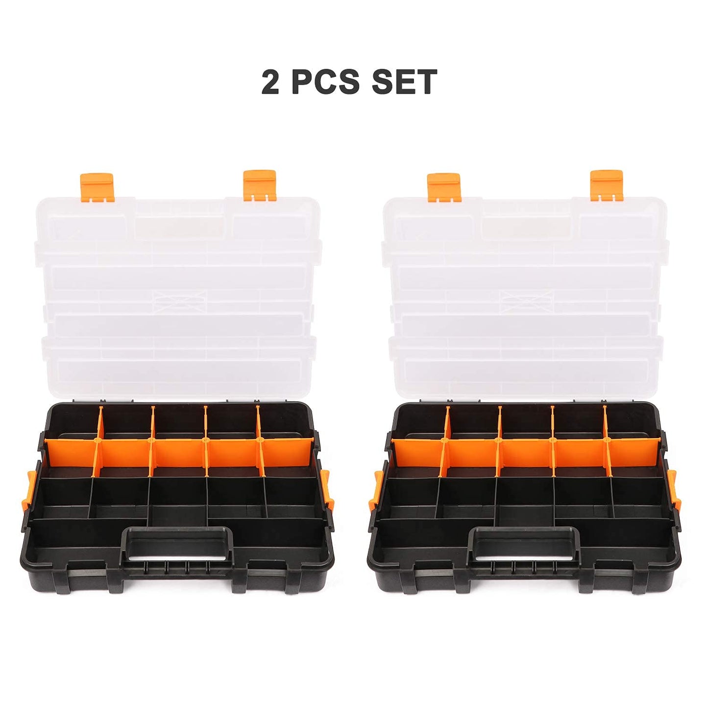 Makitoyo Tool Box Organizers, Interlocking Black Small Parts Organizer for Fasteners, Parts and Crafts w/Removable Dividers, 2 Pieces Pack, Black & Orange