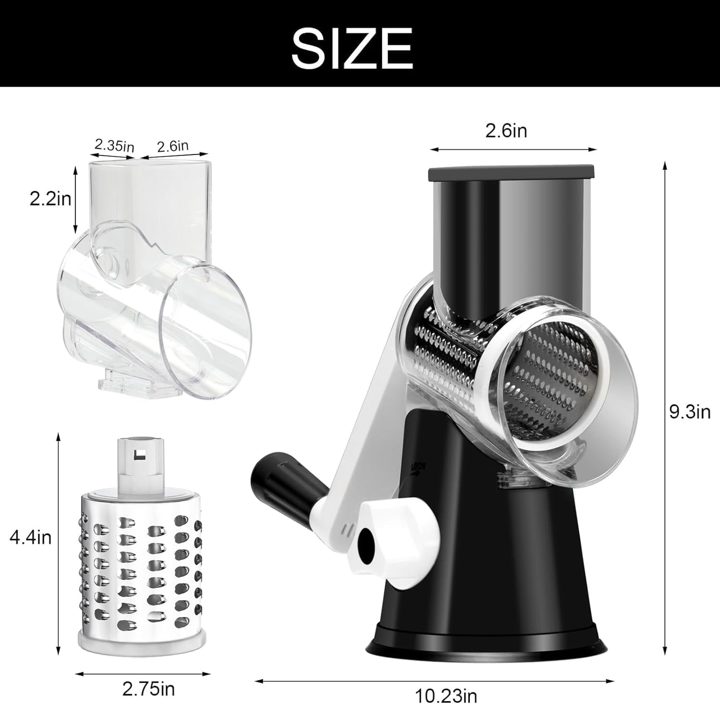 Cambom Rotary Cheese Grater Hand Crank Cheese Shredder for Fresh Cheese, Vegetable, Nuts,Non-Slip Suction Base, Free Cleaning Brush Three Blades, Black