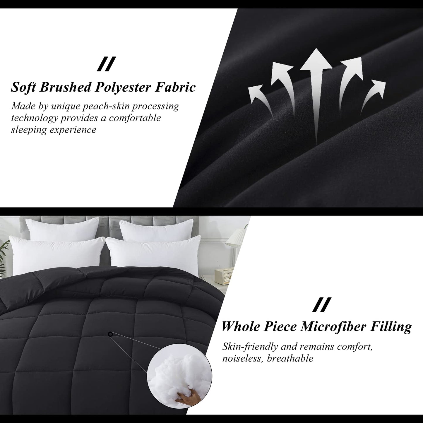 ELNIDO QUEEN All-Season Black Down Alternative Quilted Comforter- Corner Duvet Tabs-Machine Washable-Duvet Insert or Stand-Alone Lightweight Comforter-Queen Size(88×92 Inch)