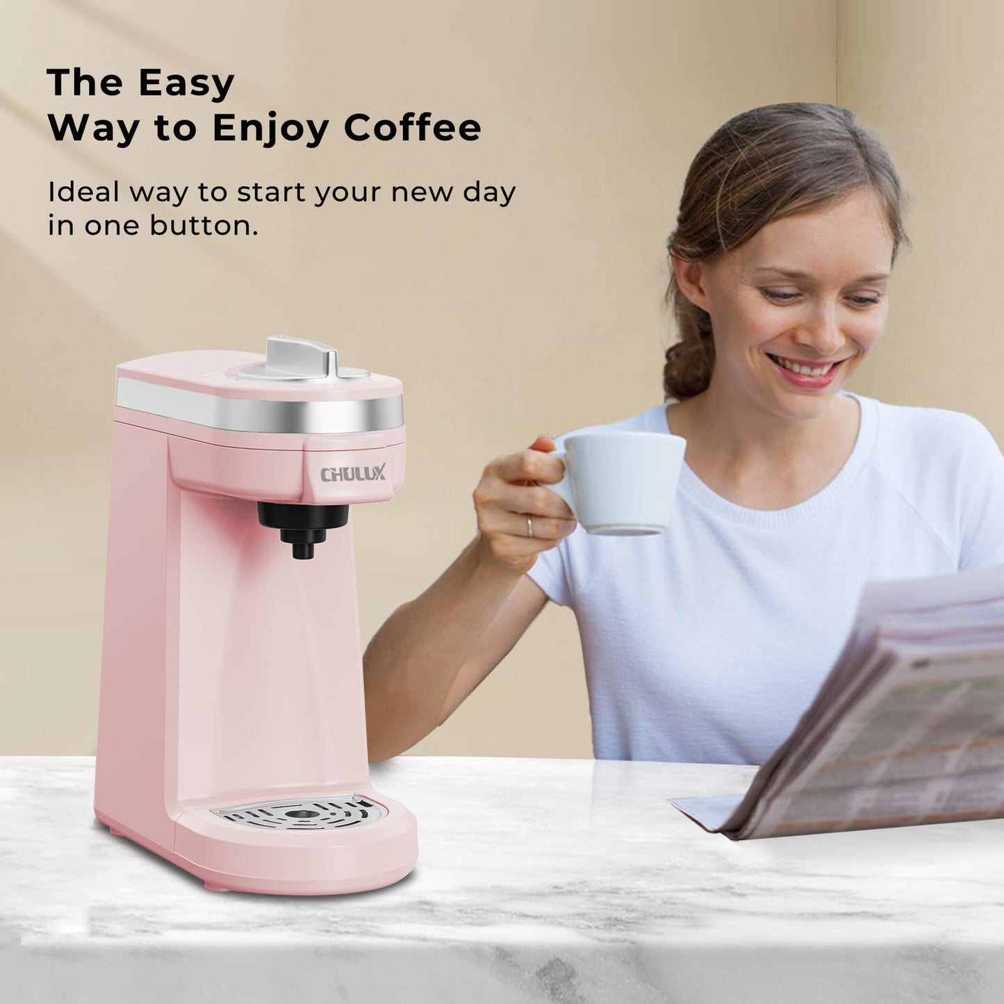 CHULUX Single Serve Coffee Maker, K Cup Coffee Machine for Single Cup Capsule with 12 Ounce Reservoir, Pink