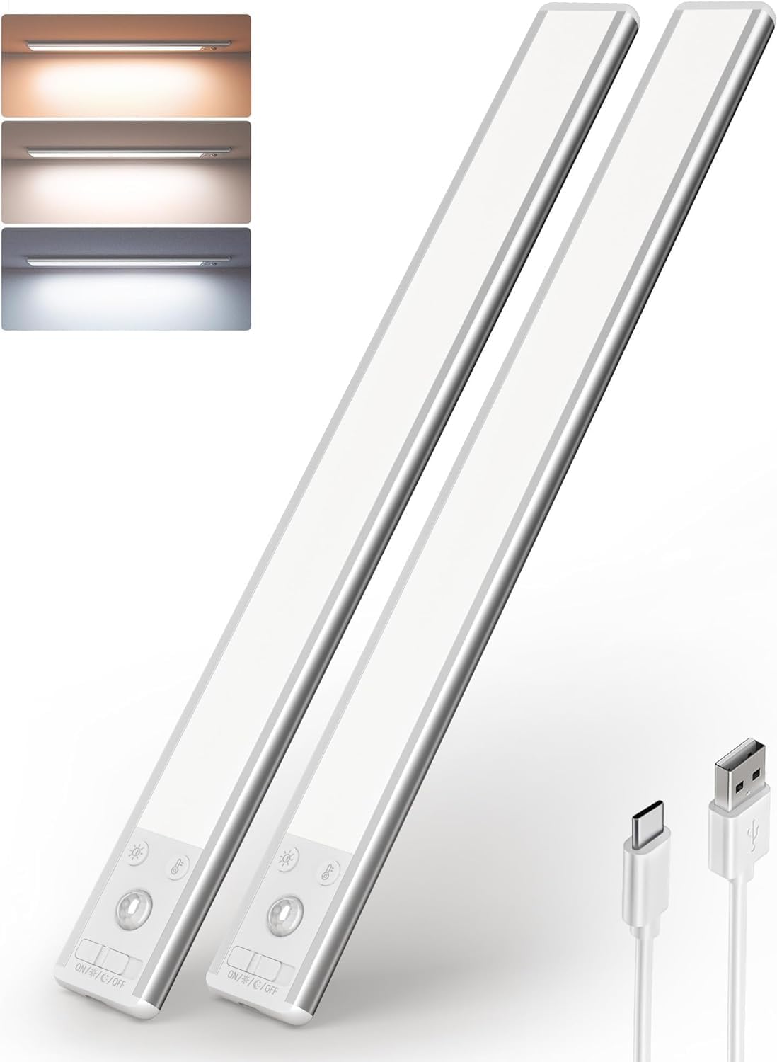 EZVALO Under Cabinet Lighting, 4000mAh Rechargeable Motion Sensor Light Indoor, Dimmable Magnetic Closet Lights with 3 Color Temps, Wireless Under Counter Lights for Kitchen, Stairs (2 Pack-14.5inch)