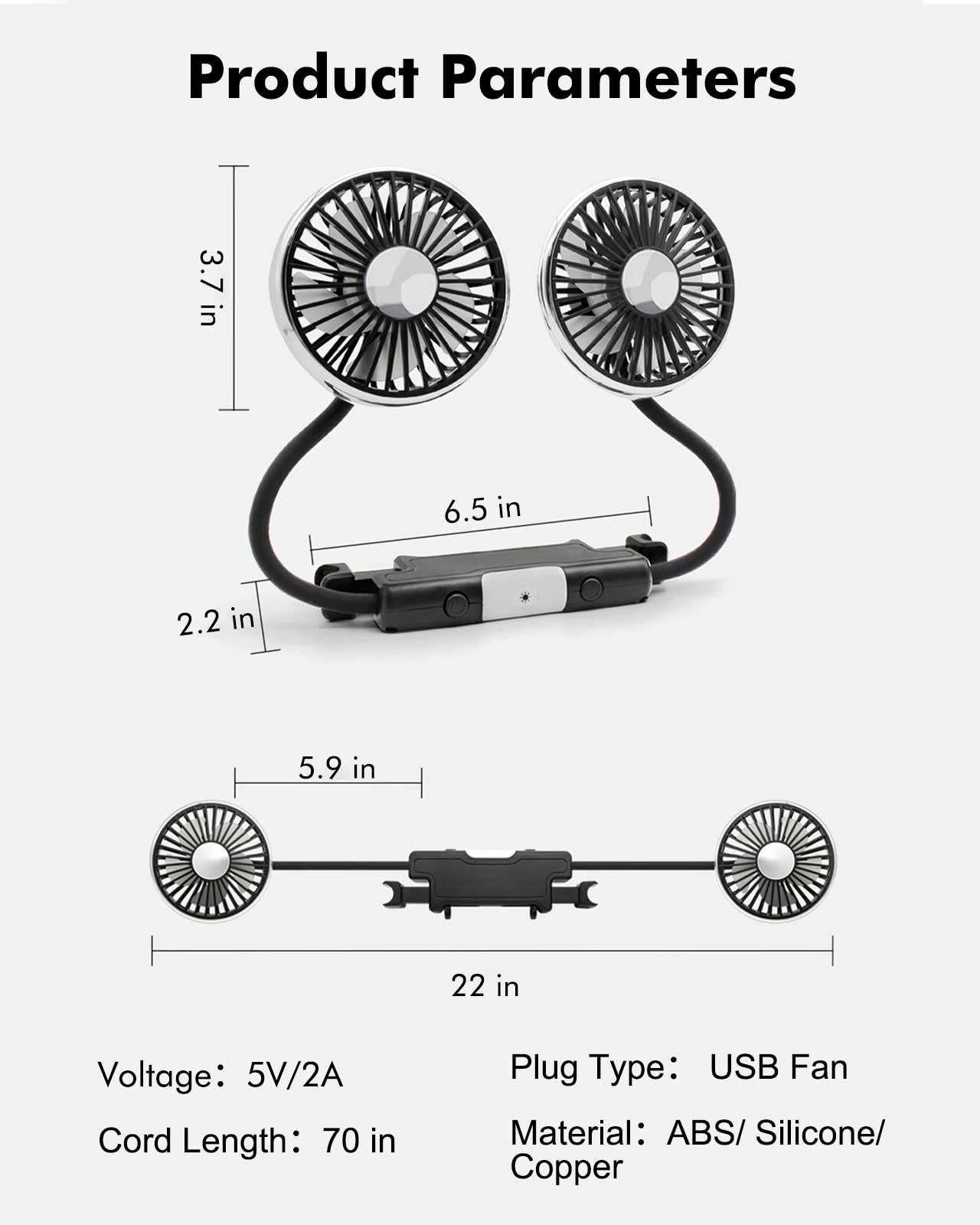 xuenair 360 Hose Cooling Fan for Car Backseat Kids Baby Rear Facing, Portable USB Car Fan for Vehicle SUV RV Pickup Truck Headrest - Powerful 3-Speed LED Light
