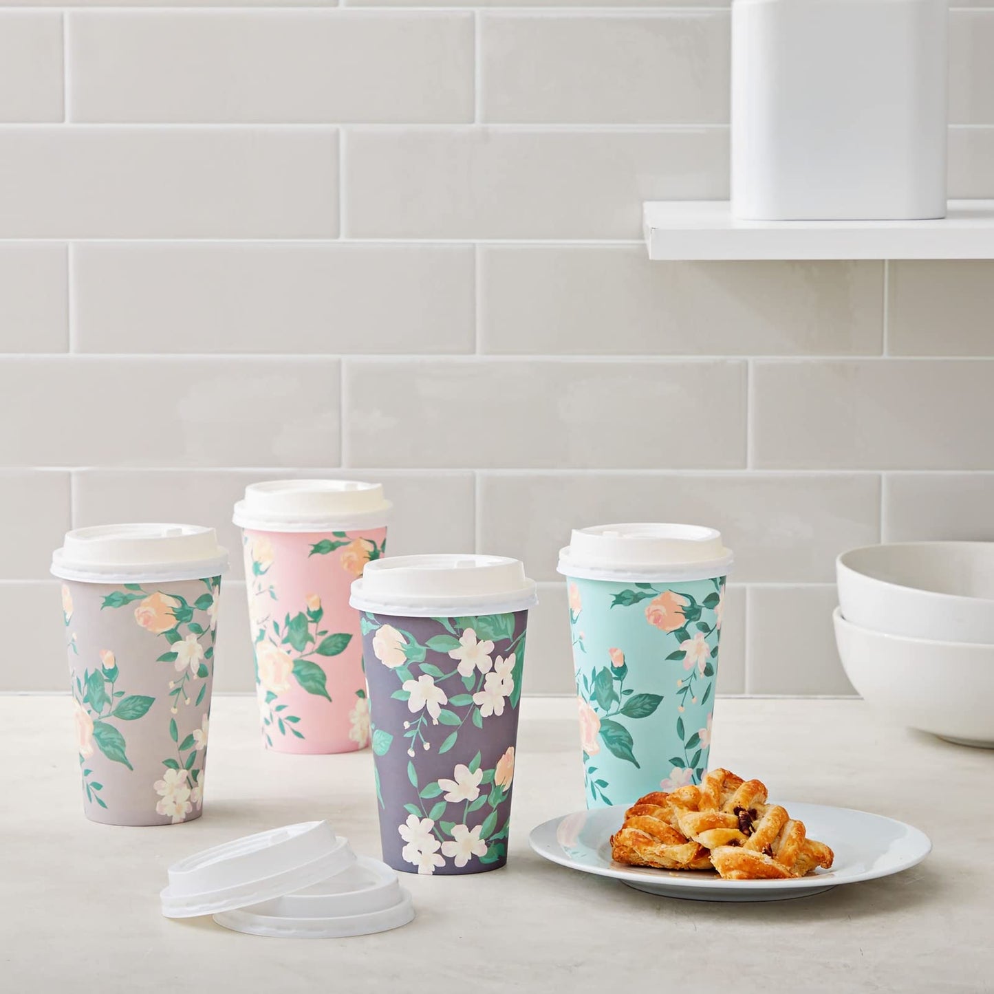 48-Pack Disposable Floral Paper Coffee Cups with Lids 16 oz, to Go Coffee Cups for Flower-Themed Birthday Party Supplies, Wedding Reception, Baby Shower (4 Pastel Colors)
