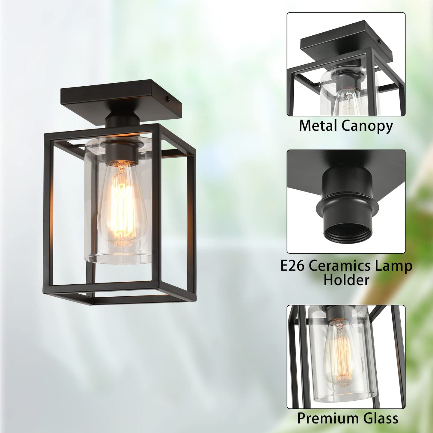 IHENGYANLT 1 Pack Semi Flush Mount Ceiling Light,Black Metal Frame Ceiling Light Fixture with Clear Glass Shade, Farmhouse Light Fixture for Kitchen Island Entryway Porch Foyer