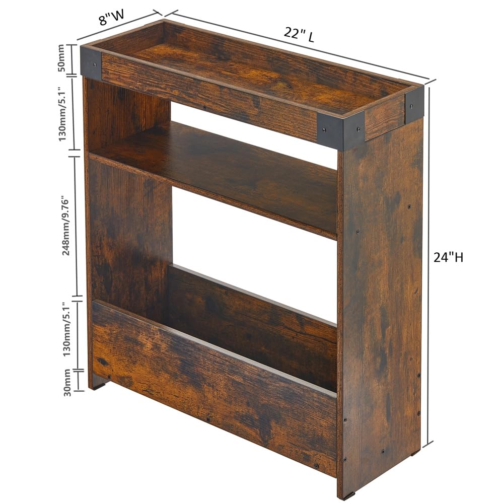 Farmhouse Narrow Side Table with Tray Top & Magazine Rack, Sofa Couch Side Table with Storage Shelf, Slim End Table for Small Spaces, Modern Nightstand for Bedroom, Living Room (Rustic Brown)