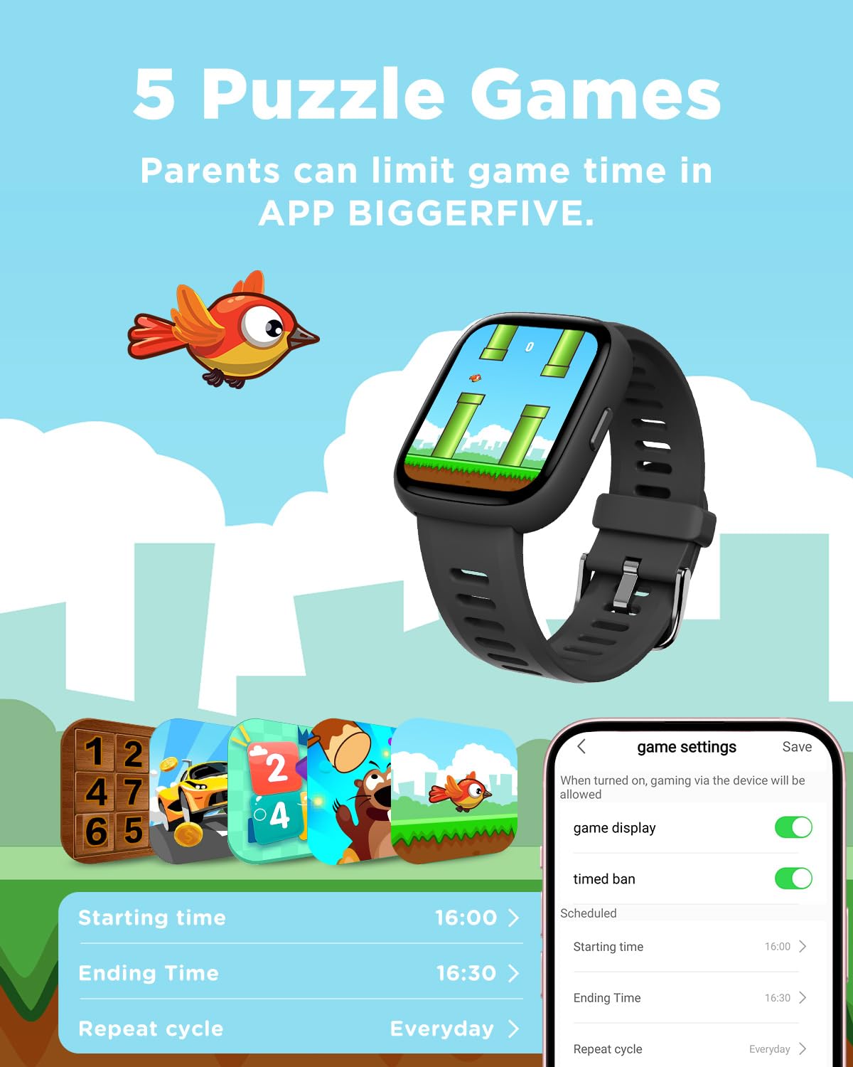 BIGGERFIVE Smart Watch for Kids, 1.8" Fitness Tracker Watch Pedometer, Heart Rate, IP68 Waterproof, Sleep Monitor, Calorie Step Counter, 5 Puzzle Games with/Without APP for Girls Boys Teens 5-16