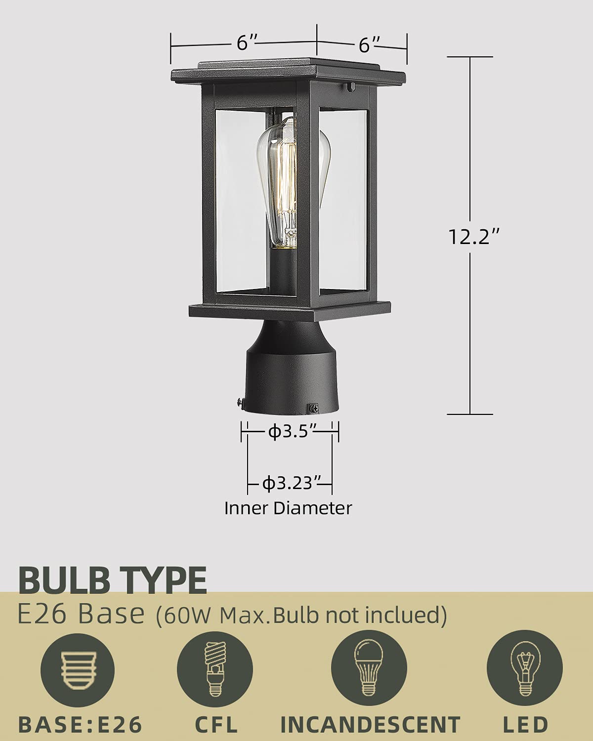 Outdoor Post Light Fixtures, HWH Exterior Pillar Lantern Pole Lamp in Matte Black Finish with Clear Glass Shade, 5HD37P BK