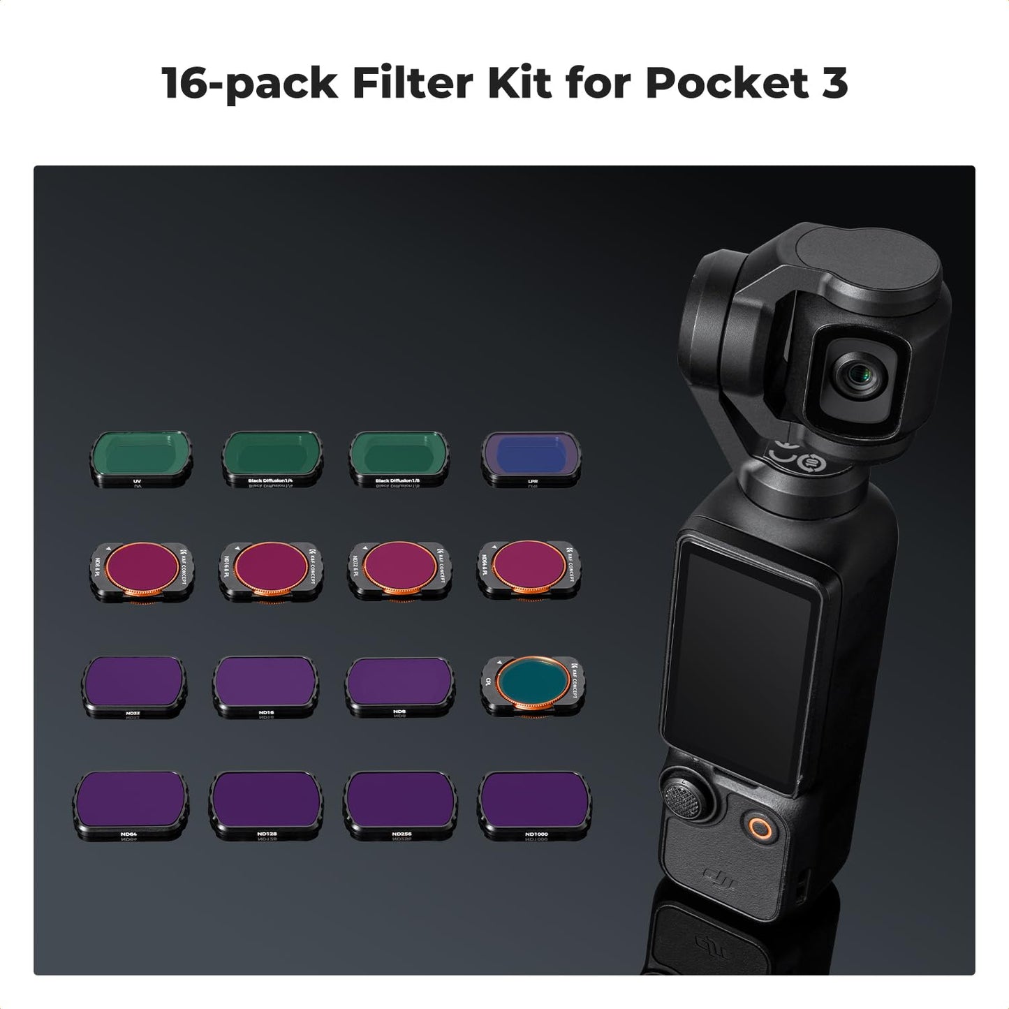 K&F Concept ND/PL, Effect Filter for DJI Osmo Pocket 3, 16Pack Black Diffusion 1/4 1/8 UV CPL ND32/PL ND16/PL ND8/PL ND64/PL ND8 ND16 ND32 ND64 ND128 ND256 ND1000, Light Pullution Reduction Filter
