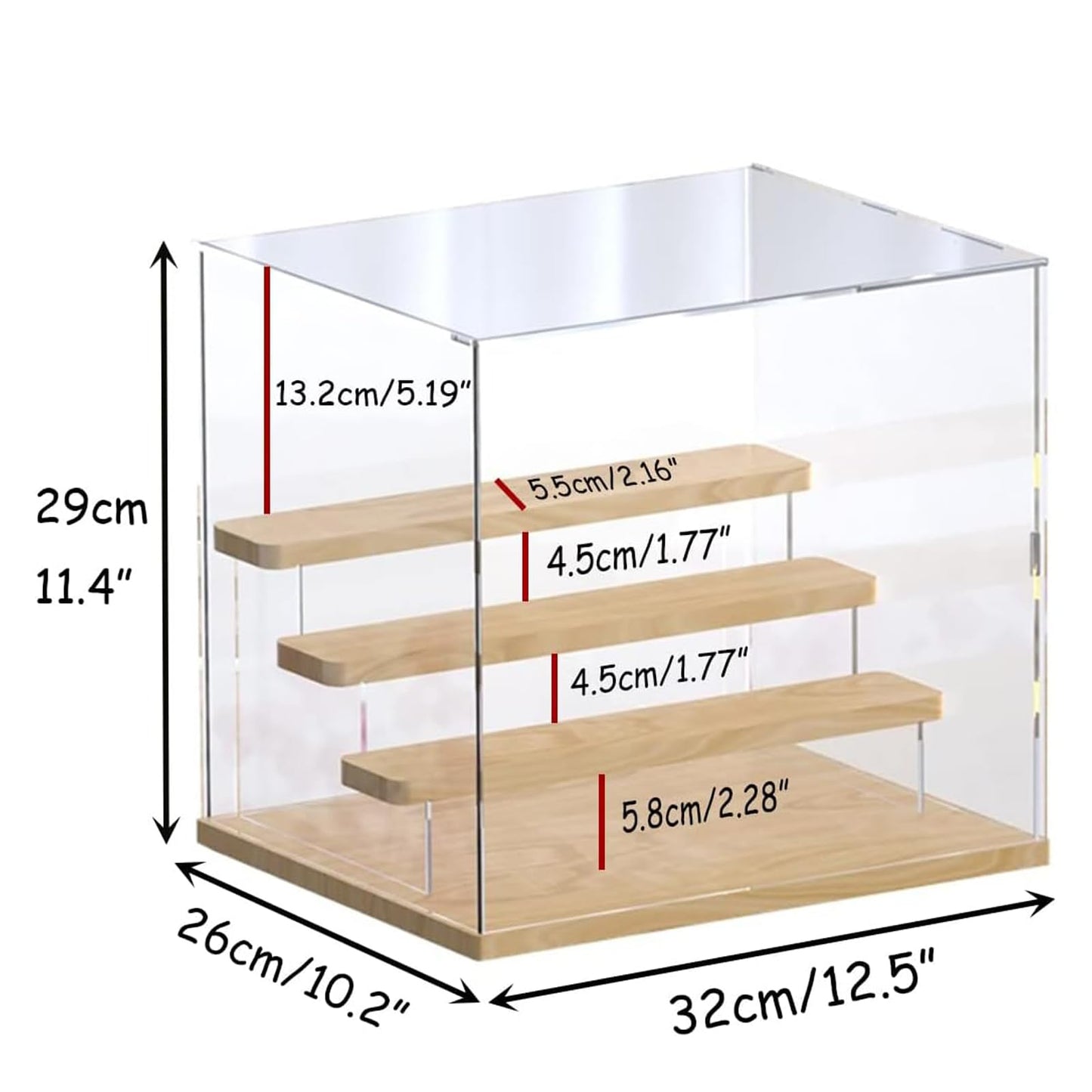 Clear Acrylic Display Case for Funko Pop Figures with Light, 3 Layer Stand Storage Cabinet Shelf Risers Protection Showcase Large Dustproof for Toys Collectibles Rock Stone Crystals, Wooden 32x26x29cm