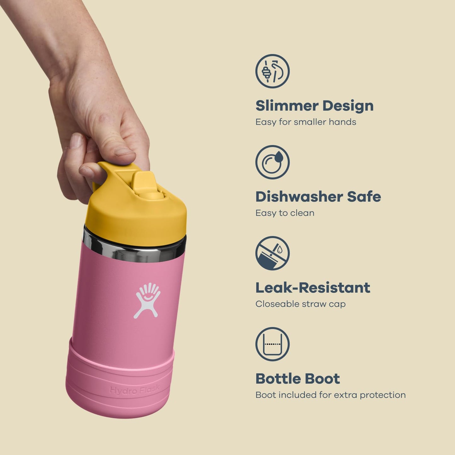 Hydro Flask 12 Oz Kids Stainless Steel Wide Mouth Water Bottle with Straw Cap and Boot, Seaspray